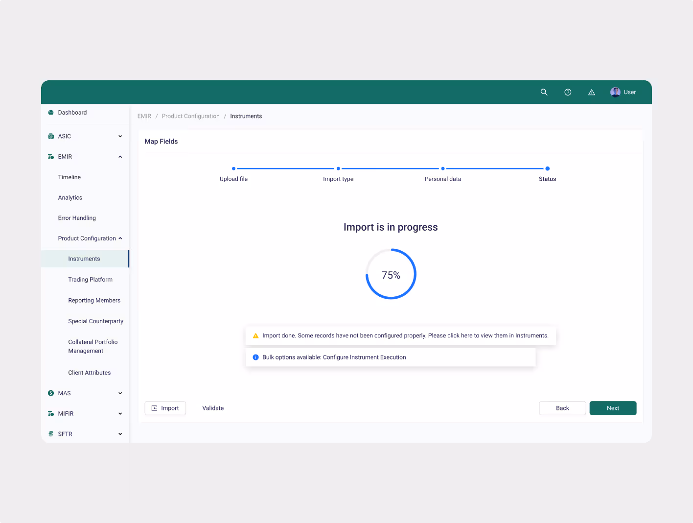 UX Audit interface of data import process with progress bar and system notifications