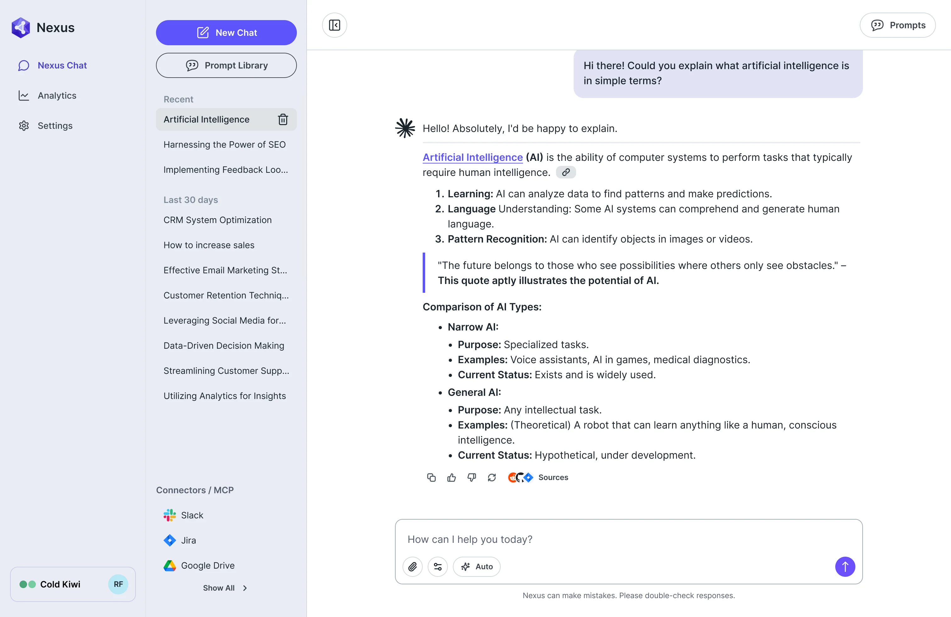 AI Gateway chat on desktop with a side menu of Nexus Chat, Analytics and Settings, an answer with a comparison list, and a message box