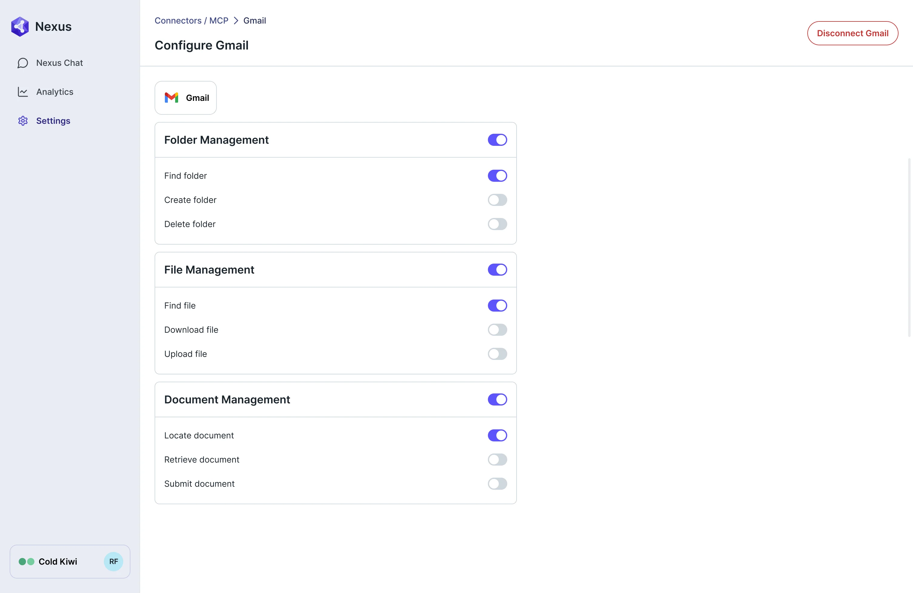 Configure Gmail page with Folder Management, File Management and Document Management groups, each with a master switch and switches for find, create, delete, download and upload actions