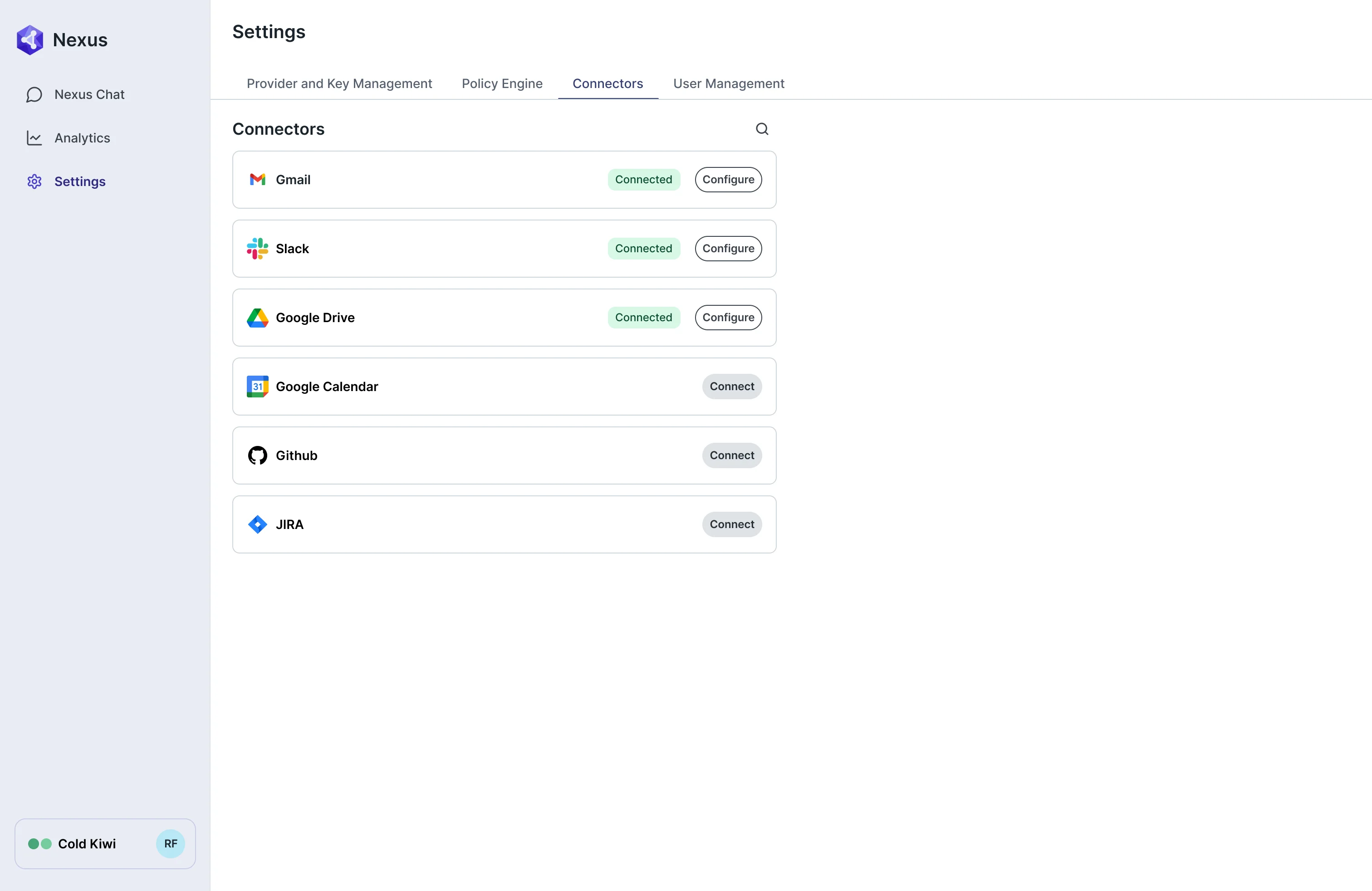 AI Gateway settings on the Connectors tab: Gmail, Slack and Google Drive connected with a Configure button, Google Calendar, Github and JIRA with a Connect button