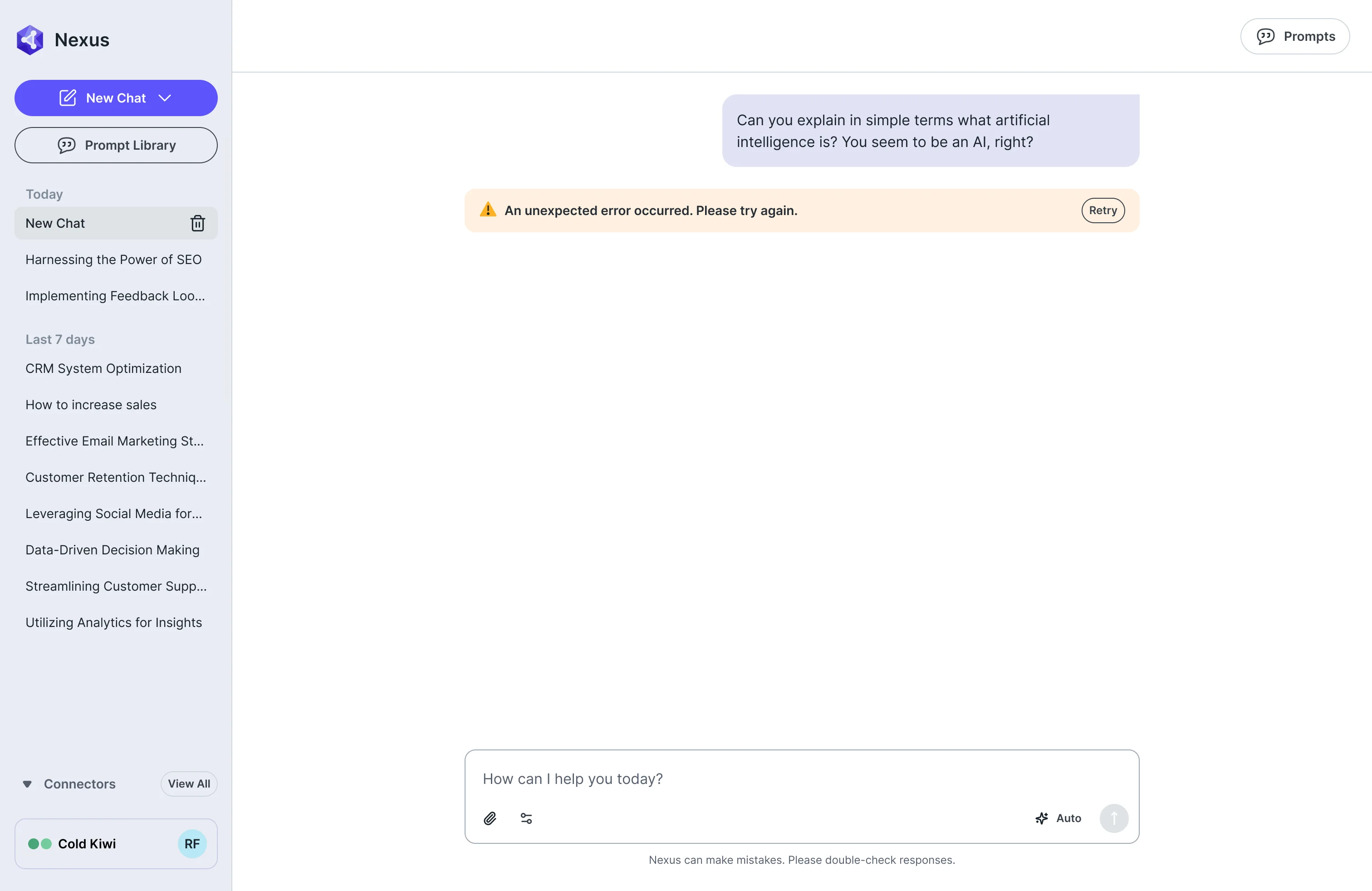 AI Gateway chat with a banner saying an unexpected error occurred and a Retry button
