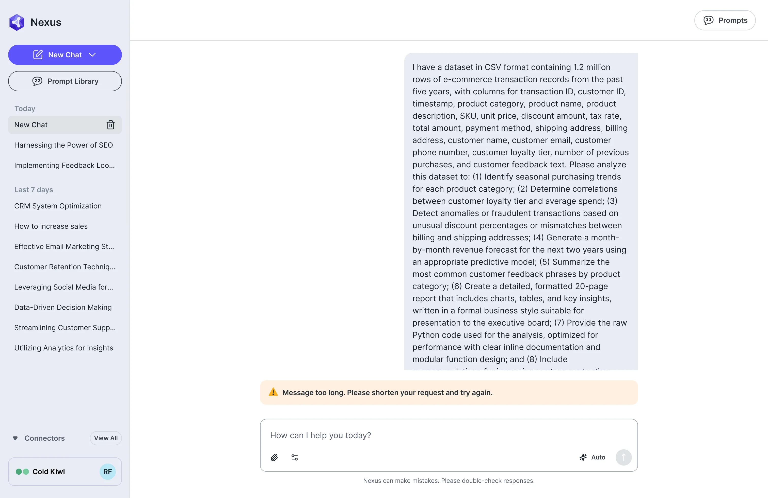 AI Gateway chat with a very long message and a banner saying the message is too long and to shorten the request