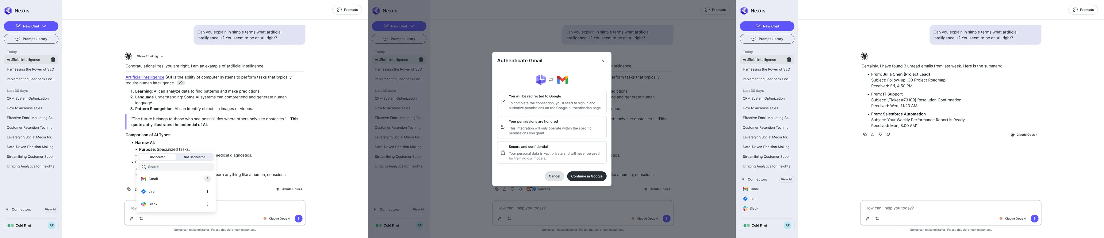 Three AI Gateway screens: a menu of connected and not connected tools, a dialog explaining the redirect to Google, and a response summarising emails found through the connector