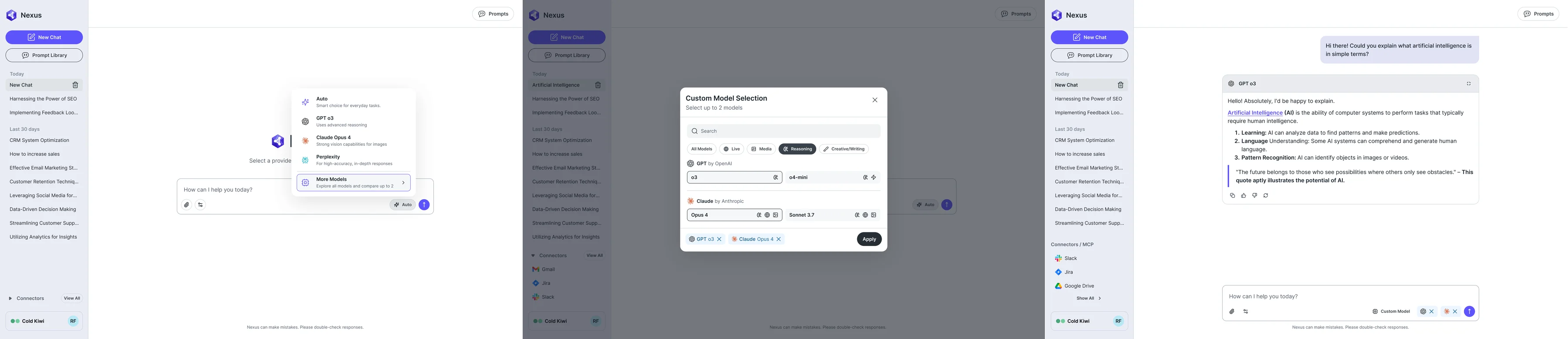 Three AI Gateway screens: a menu with Auto and three models and More Models, a dialog to select up to two models, and a response in a model’s own card