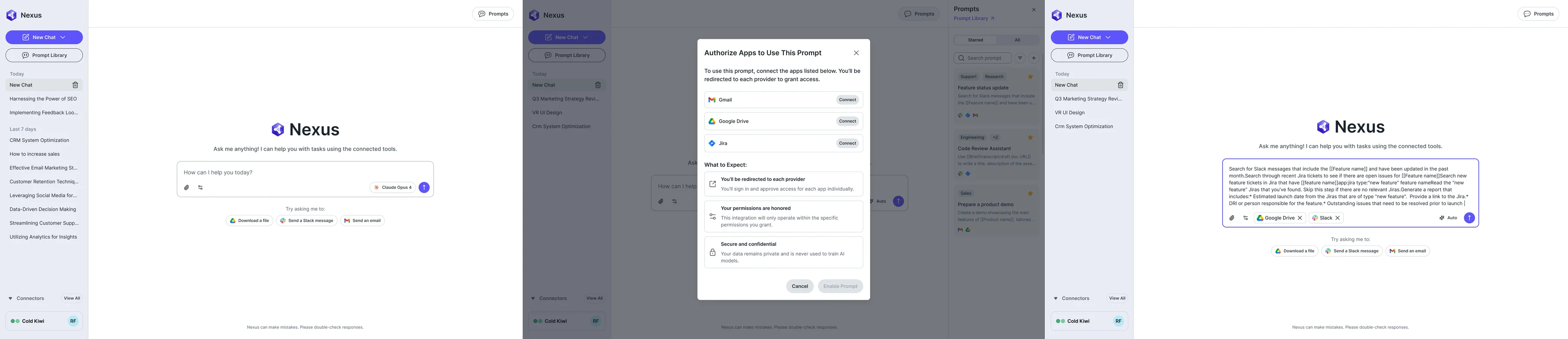 Three AI Gateway screens: the empty chat with suggested tasks, a dialog asking to authorise apps a prompt needs, and a prompt placed in the message box with two connectors chosen