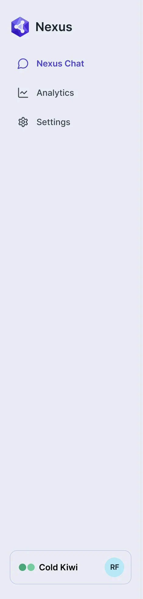 AI Gateway side menu for an admin: Nexus Chat, Analytics and Settings, then the list of recent chats and the connected tools