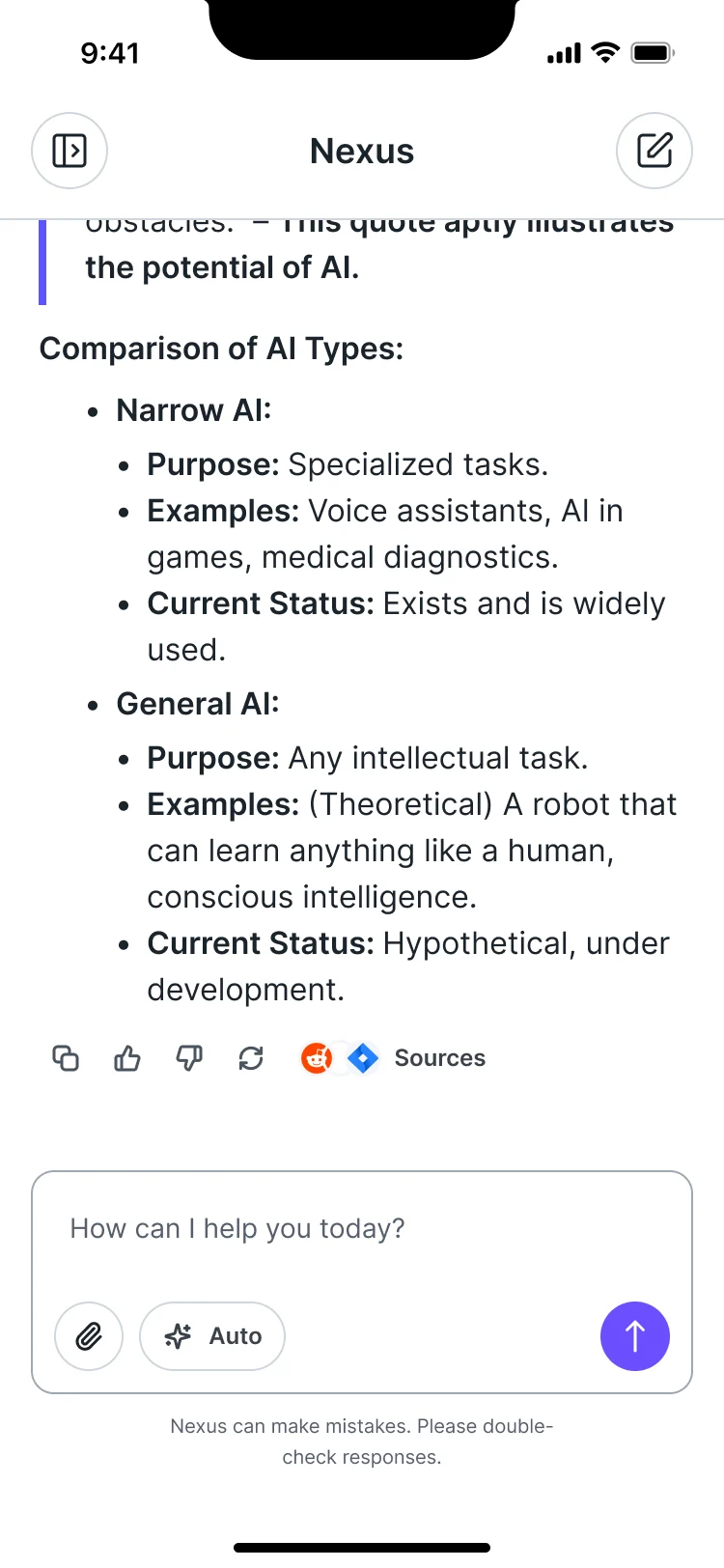 AI Gateway on a phone: the end of an answer with a comparison list, a Sources button and the message box with the mode