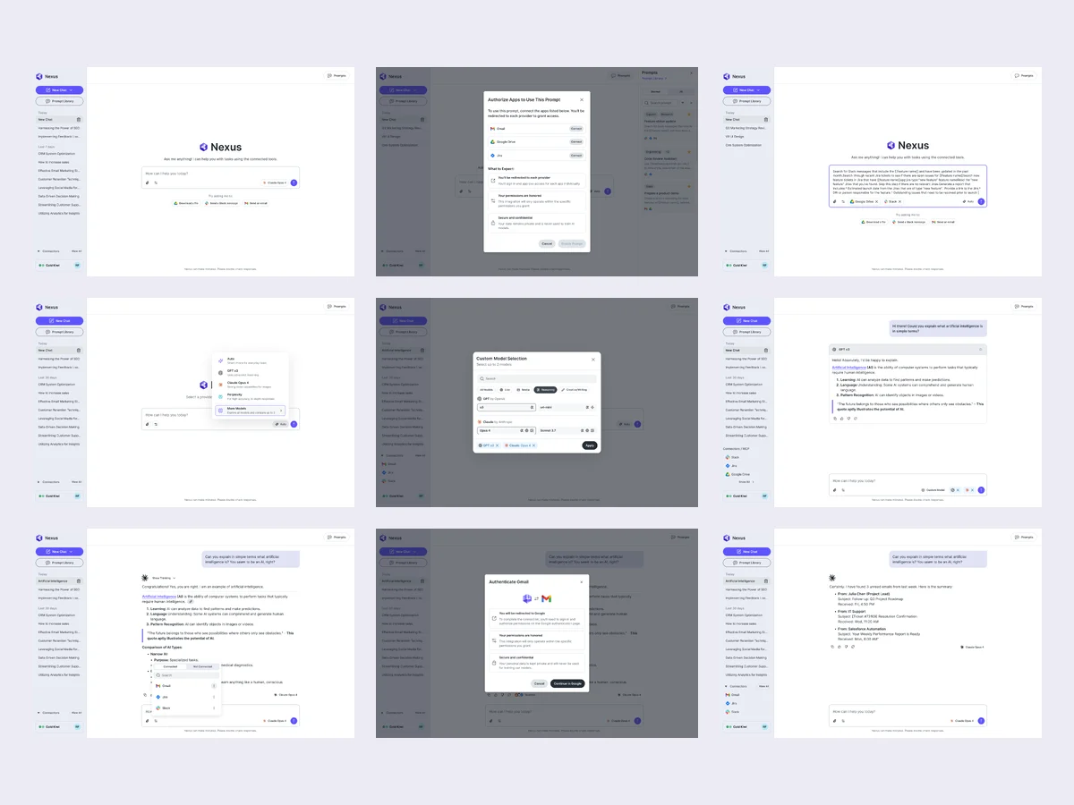 A map of AI Gateway screens in three rows: starting a chat and a prompt, choosing a model, and connecting a tool