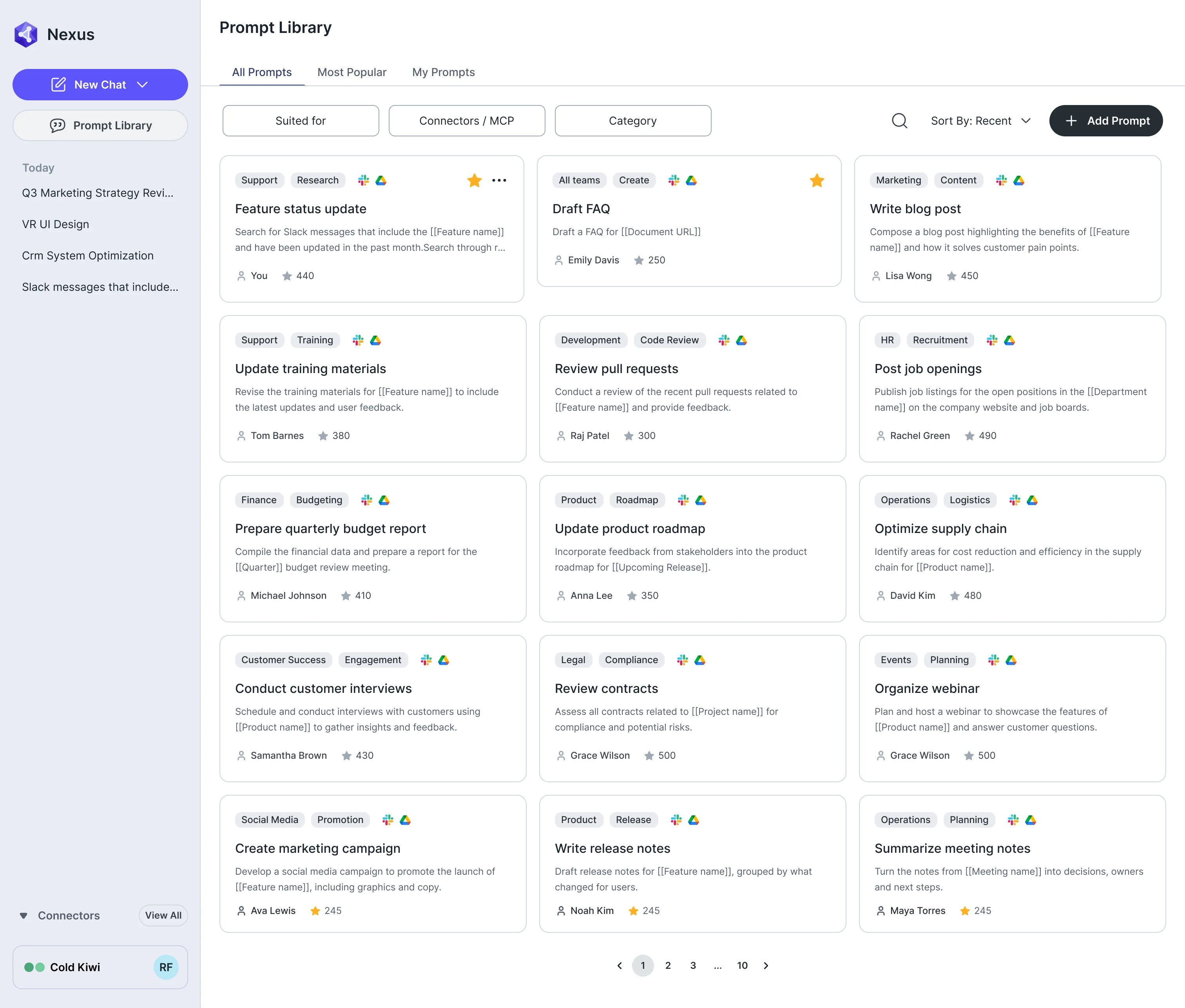 AI Gateway Prompt Library with three tabs, filters for who a prompt suits, connectors and category, and a grid of prompt cards each with tags, apps, author and a usage count