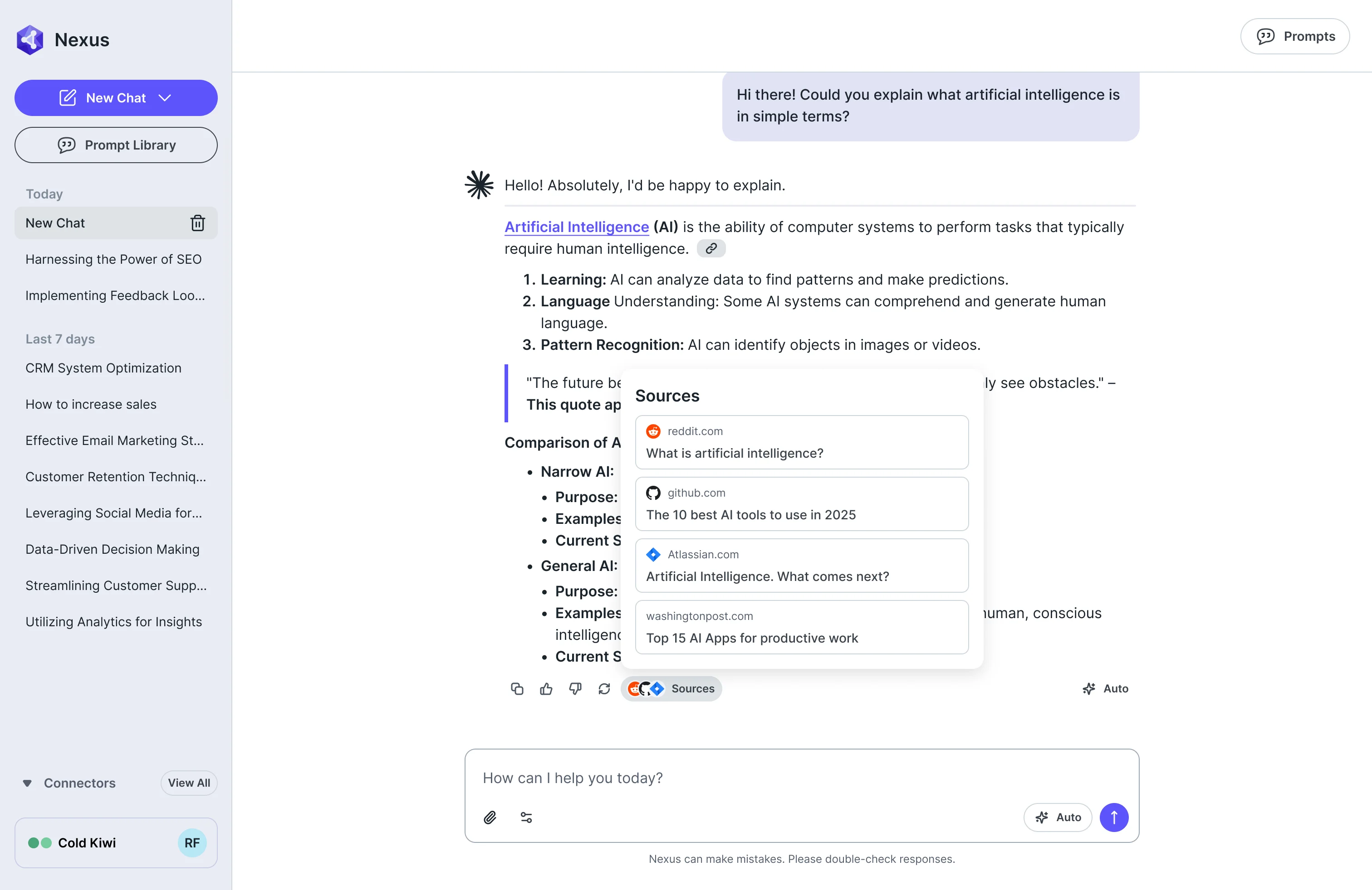 AI Gateway chat with a list of four sources open above the Sources button, each with the site and the page title