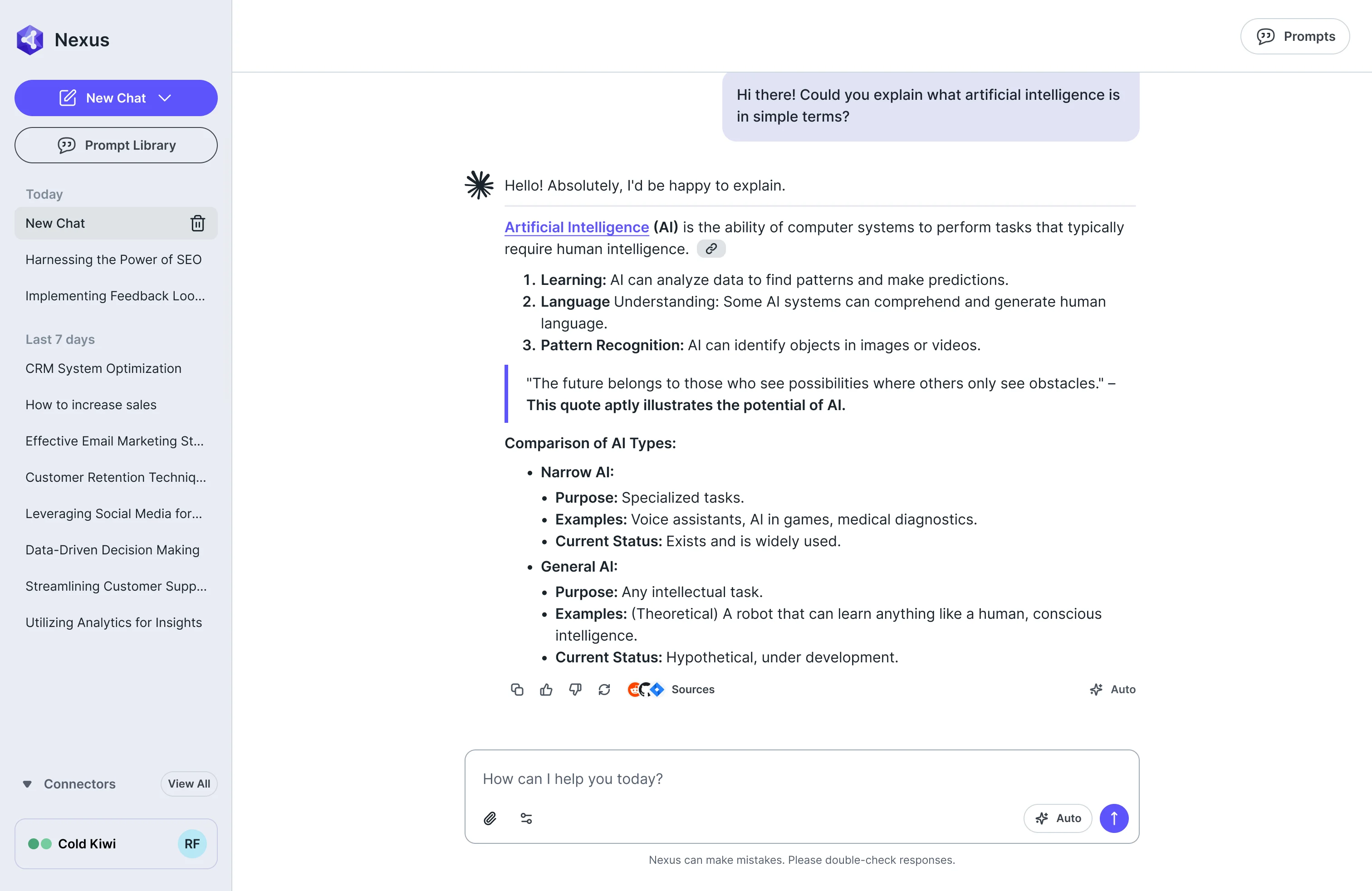 AI Gateway chat on desktop: a side column with saved chats and connectors, a question, an answer with numbered points and a comparison, a Sources button, and a message box with the mode