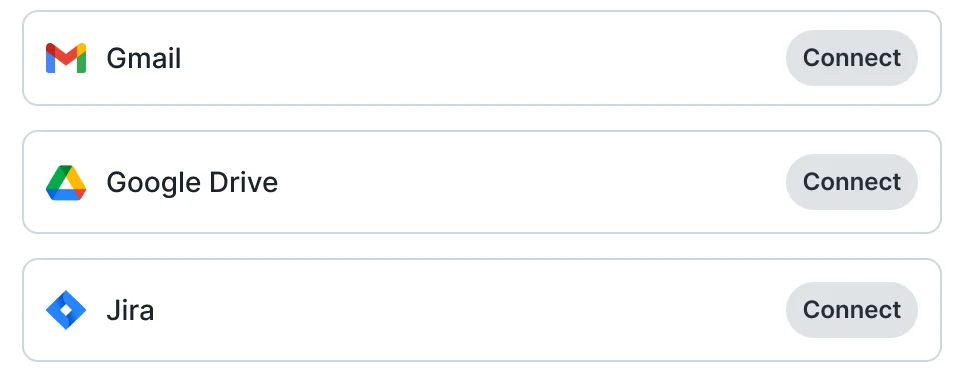 Three tool rows in a dialog: Gmail, Google Drive and Jira, each with a Connect button