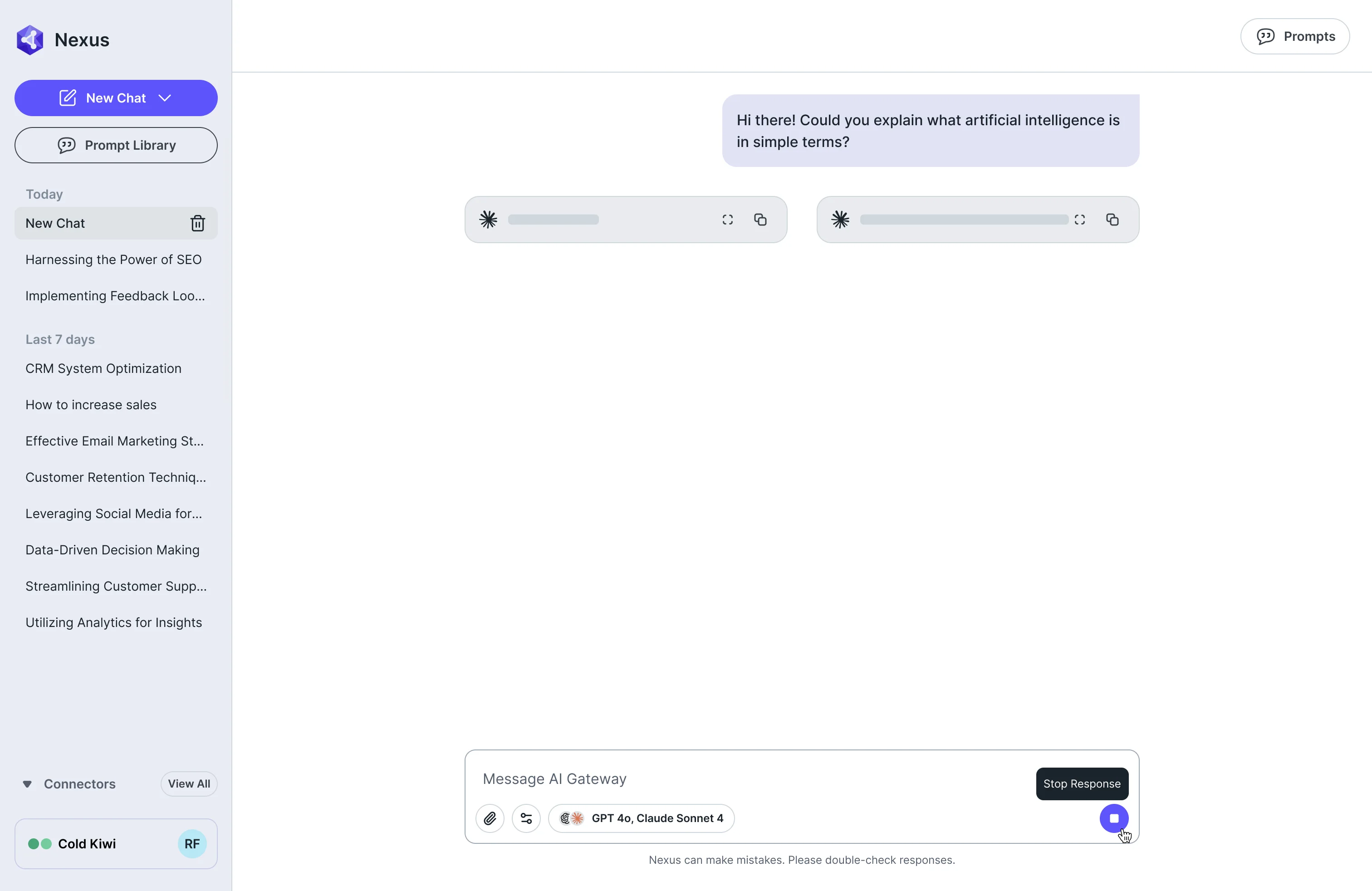 AI Gateway chat with two model cards loading and a Stop Response tooltip on the send button