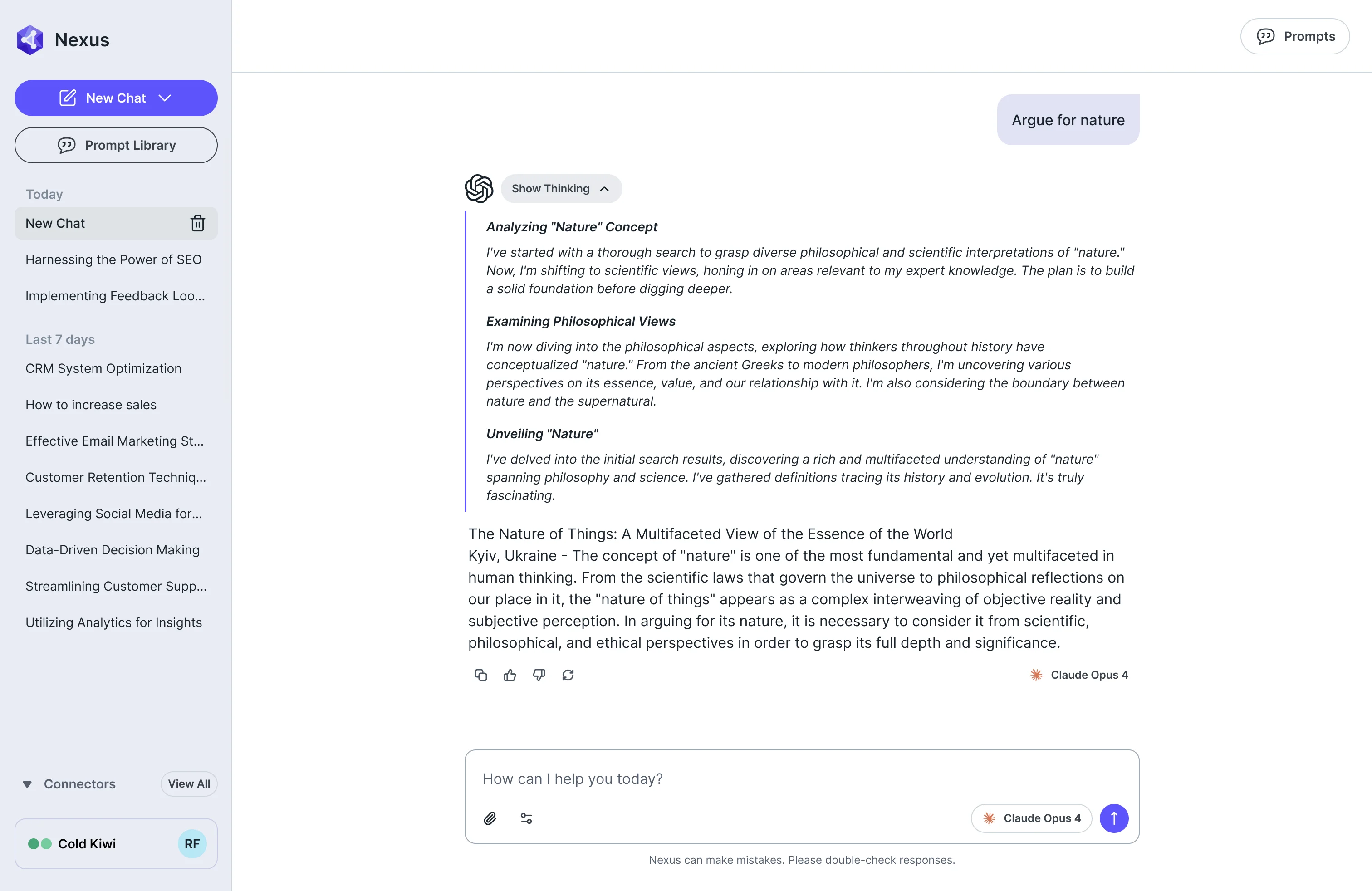AI Gateway chat with a Show Thinking control open above an answer, listing the model’s steps as short headed paragraphs