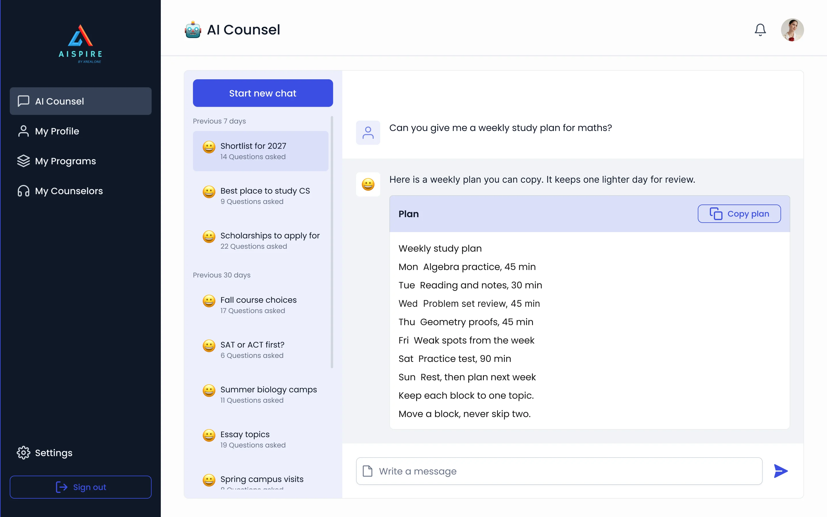 AI Counsel with a question about a weekly study plan and an answer with a Plan block listing a study session for each day and a Copy plan button