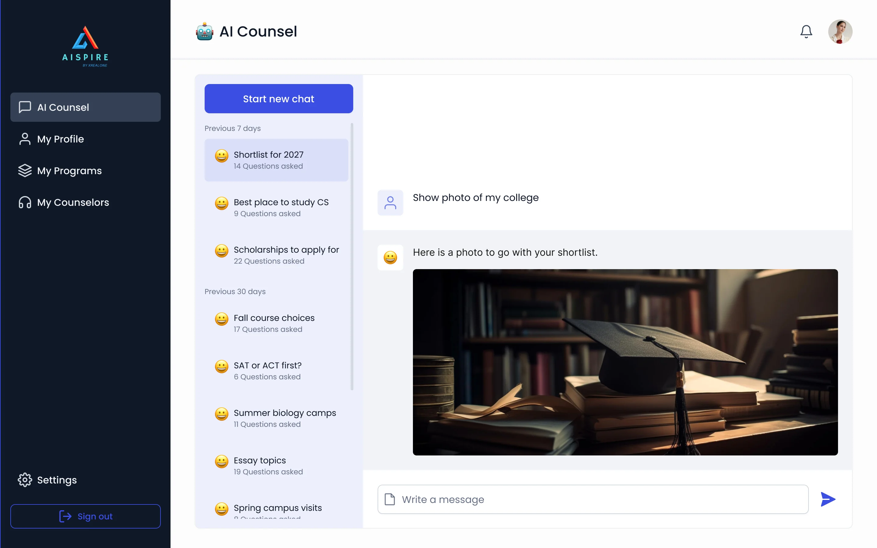 AI Counsel with a request to show a photo of a college and an answer with a photograph of a graduation cap on books