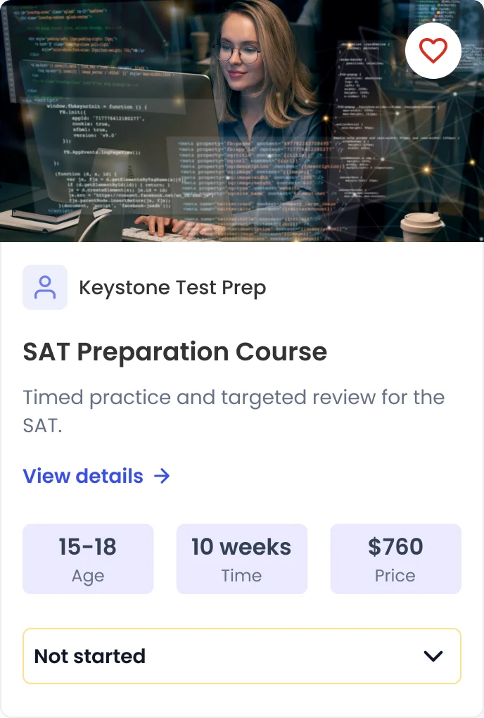 Program card with a photo, provider, title, description, age, length, price and a status menu