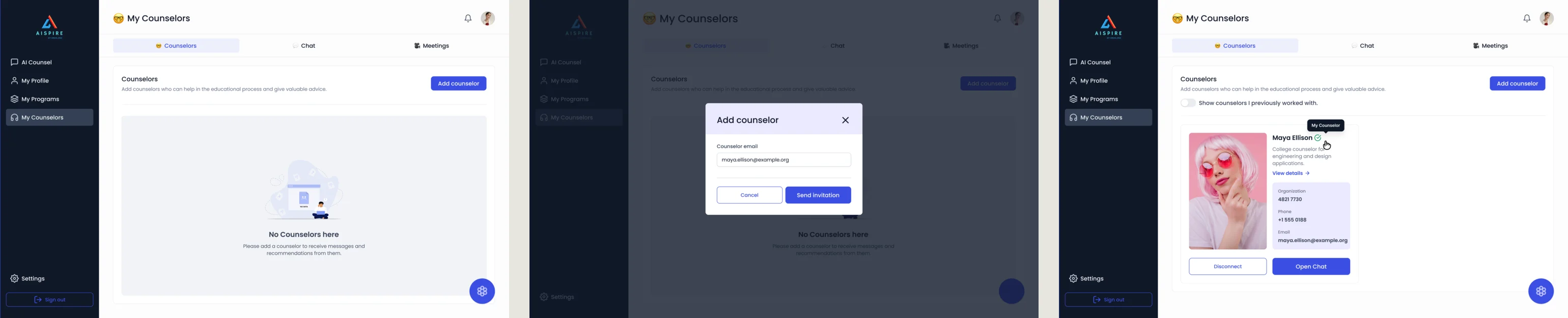 Three My Counselors screens: an empty list with No Counselors here, a dialog to invite a counselor by email, and a connected counselor’s card with Disconnect and Open Chat