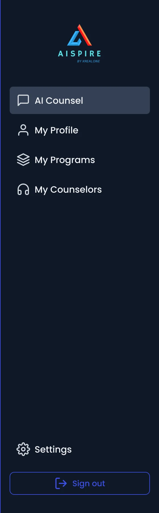 The student’s side menu: AI Counsel, My Profile, My Programs and My Counselors, with Settings and Sign out at the foot