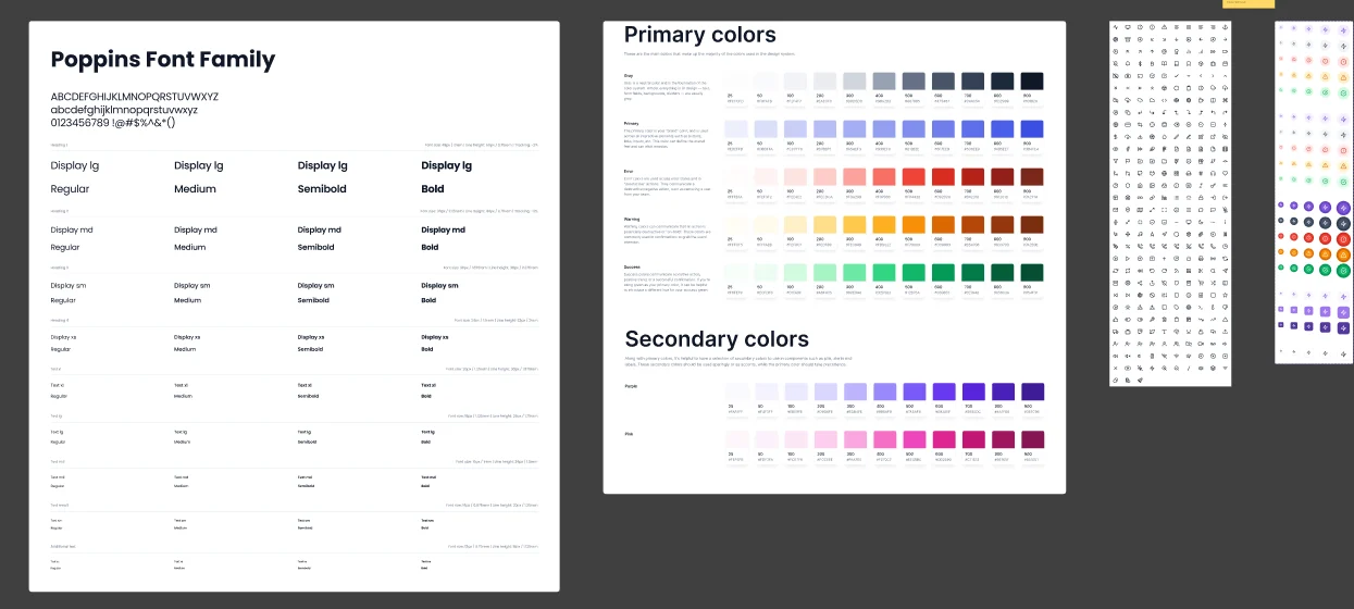 UI kit pages: the Poppins type scale, the primary and secondary colour scales and two icon sets