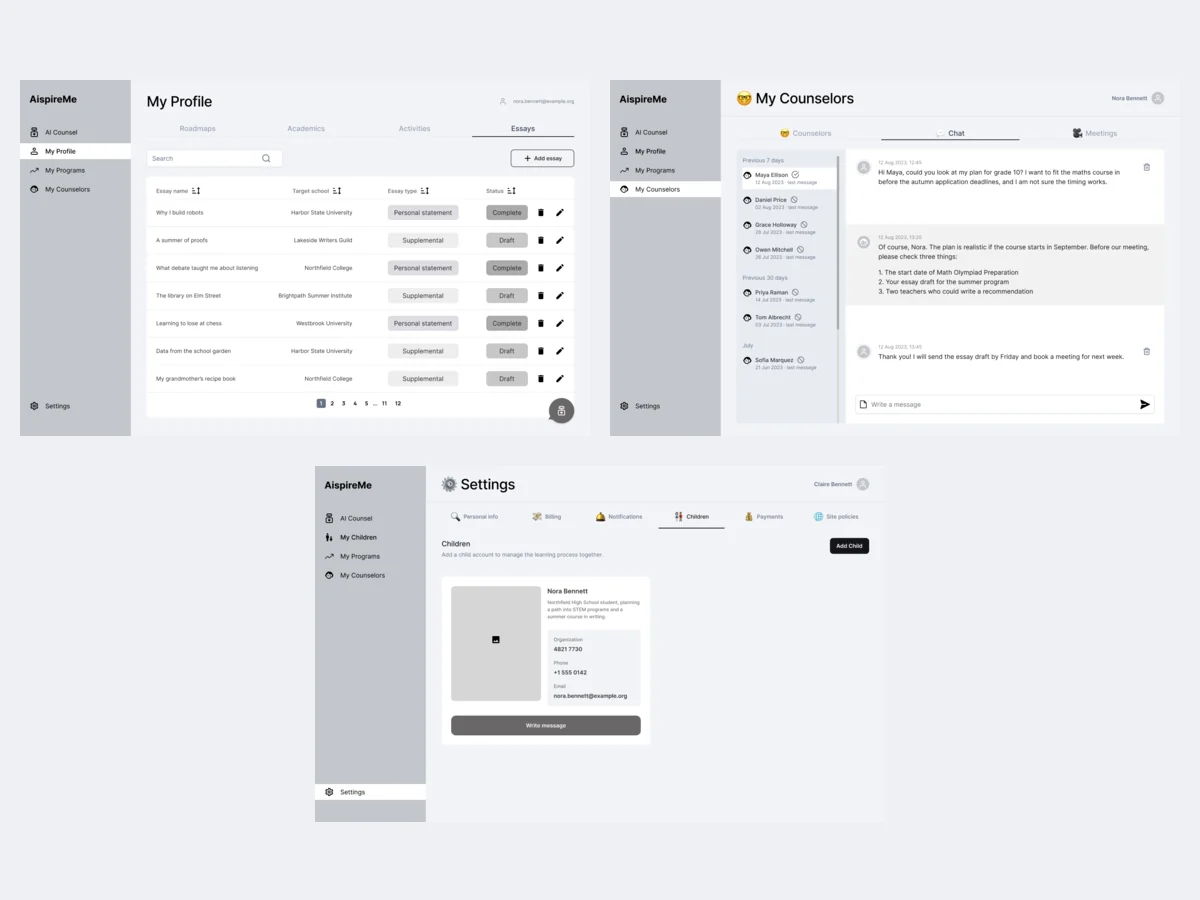 Three AispireMe wireframes in grey: a student’s essays with target school, type and status; a chat with the connected counsellor beside a list of past conversations; and a parent’s settings with the child’s card