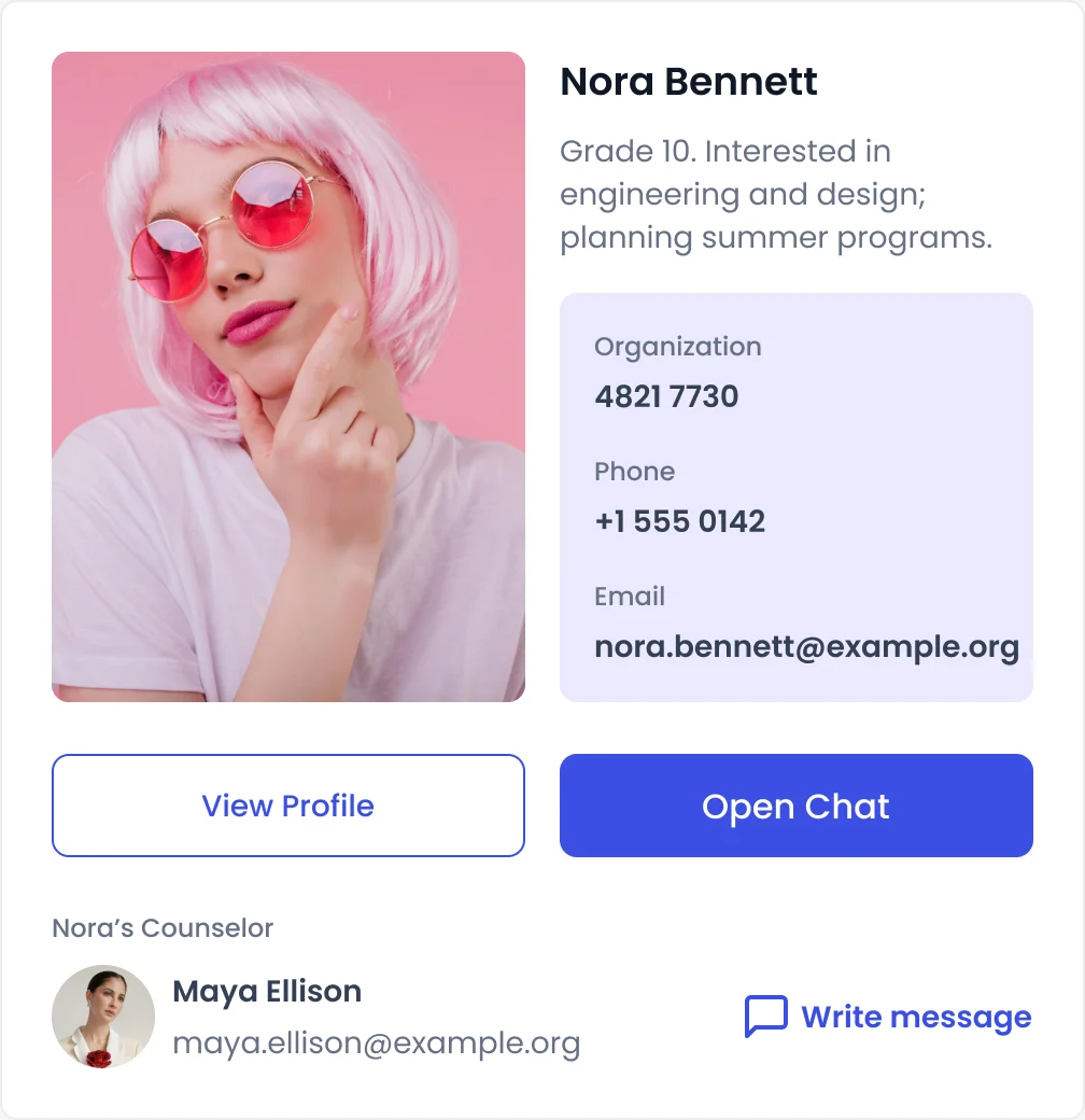 Profile card of a child with a photo, description, organisation, phone and email, View Profile and Open Chat buttons, and the child’s counselor