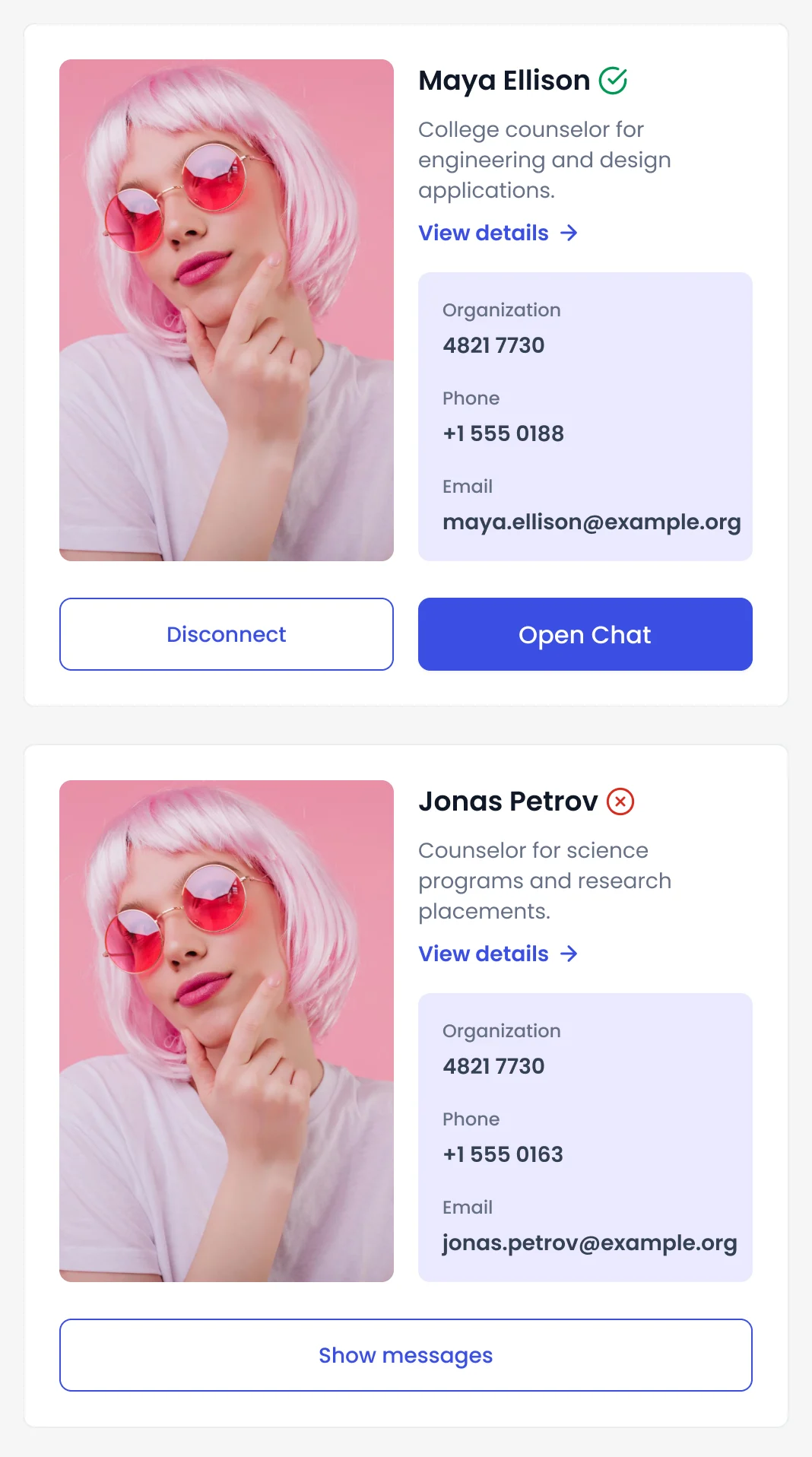 Two counsellor profile cards: one connected with a green tick and Disconnect and Open Chat buttons, one not connected with a Show messages button