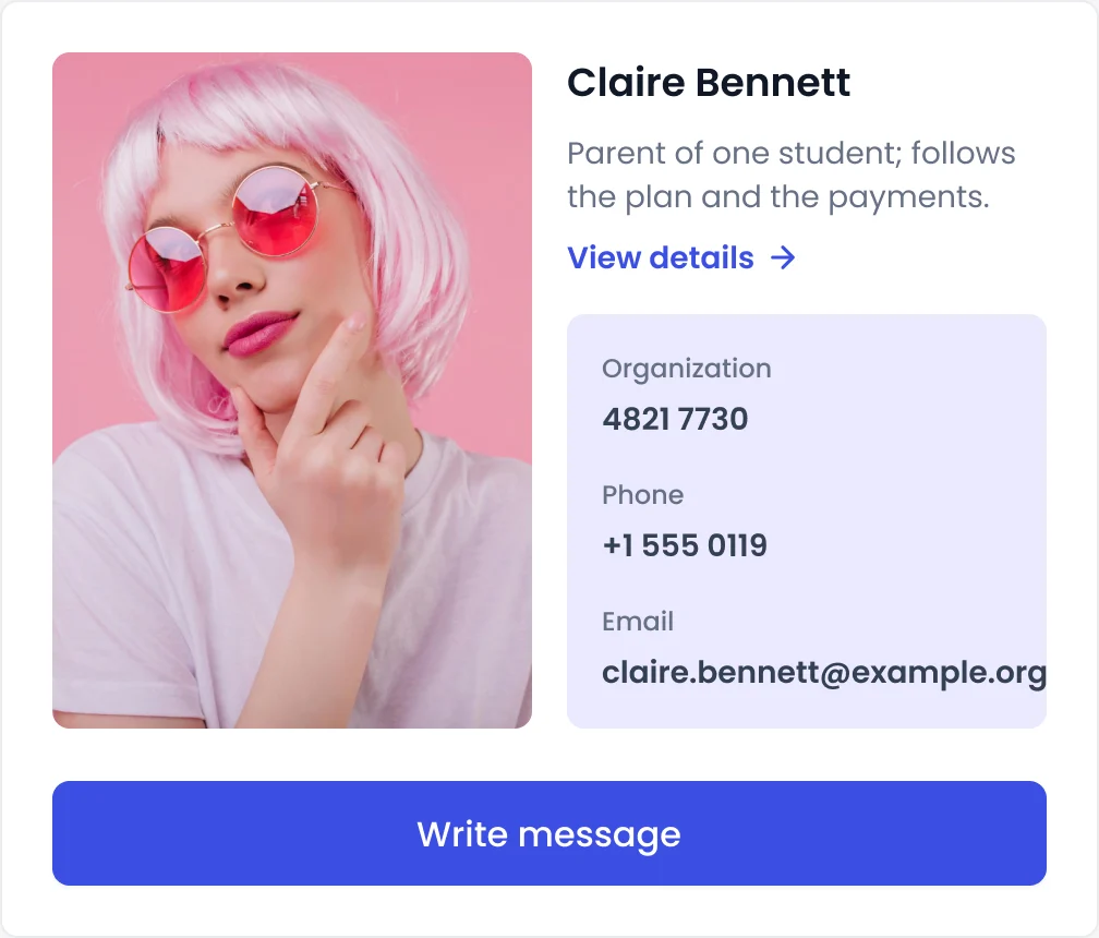 Profile card of a parent with a photo, description, organisation, phone and email, and a Write message button
