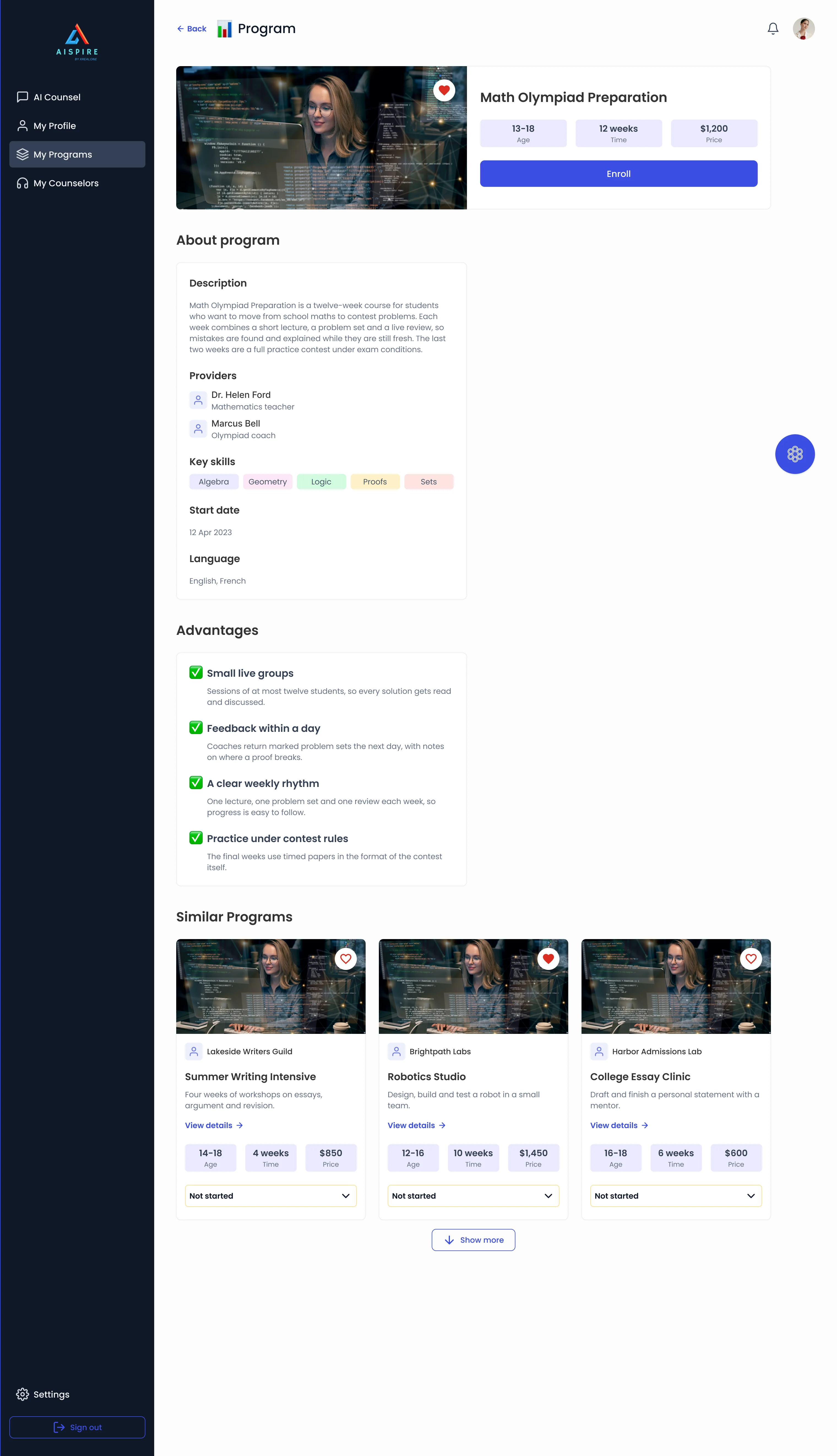 AispireMe program page: a photo and the program title with age, length and price and an Enroll button; the description, providers, key skills, start date and language; four advantages; and three similar programs