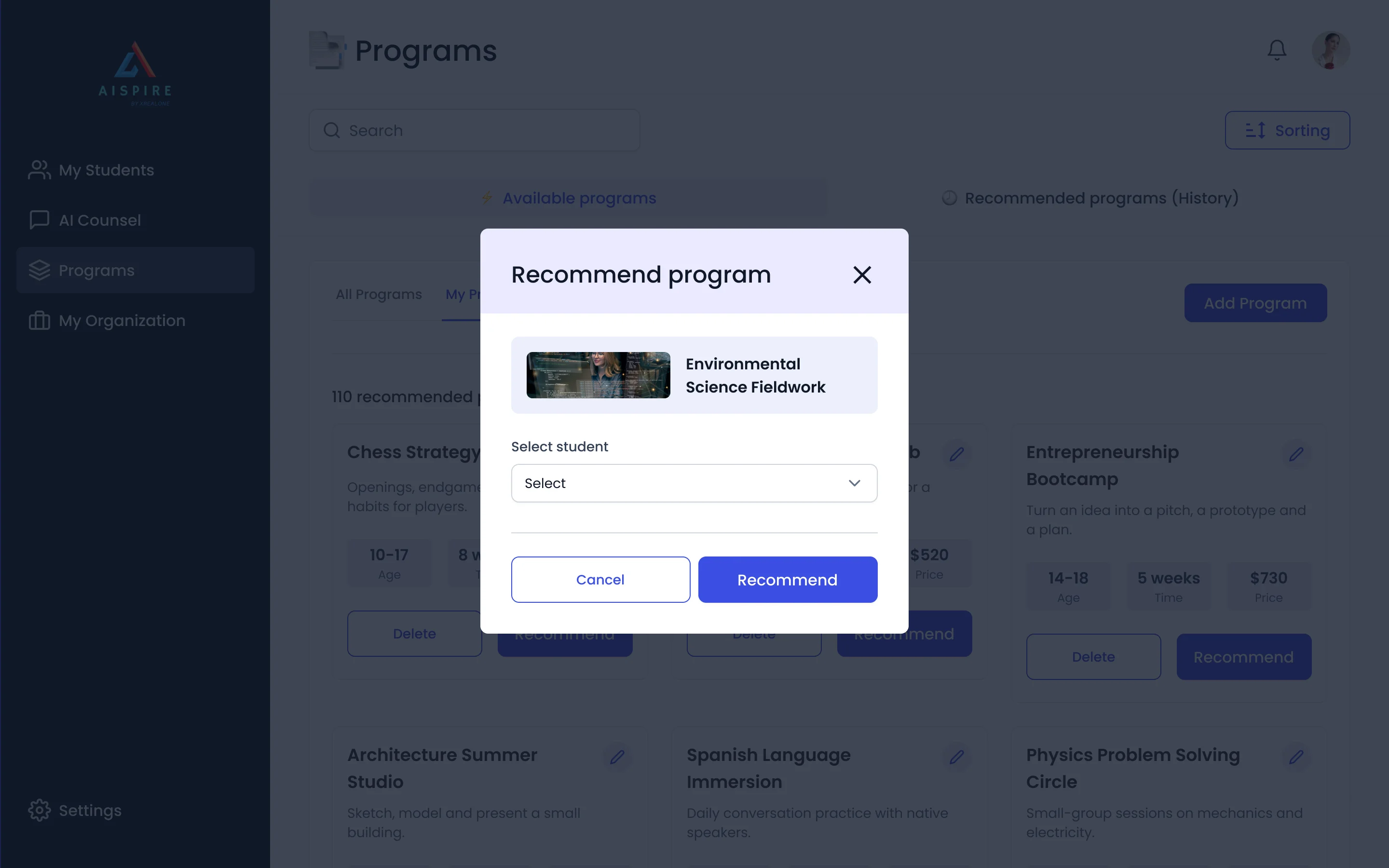The counsellor’s Programs screen dimmed behind a Recommend program dialog with the program and a Select student menu