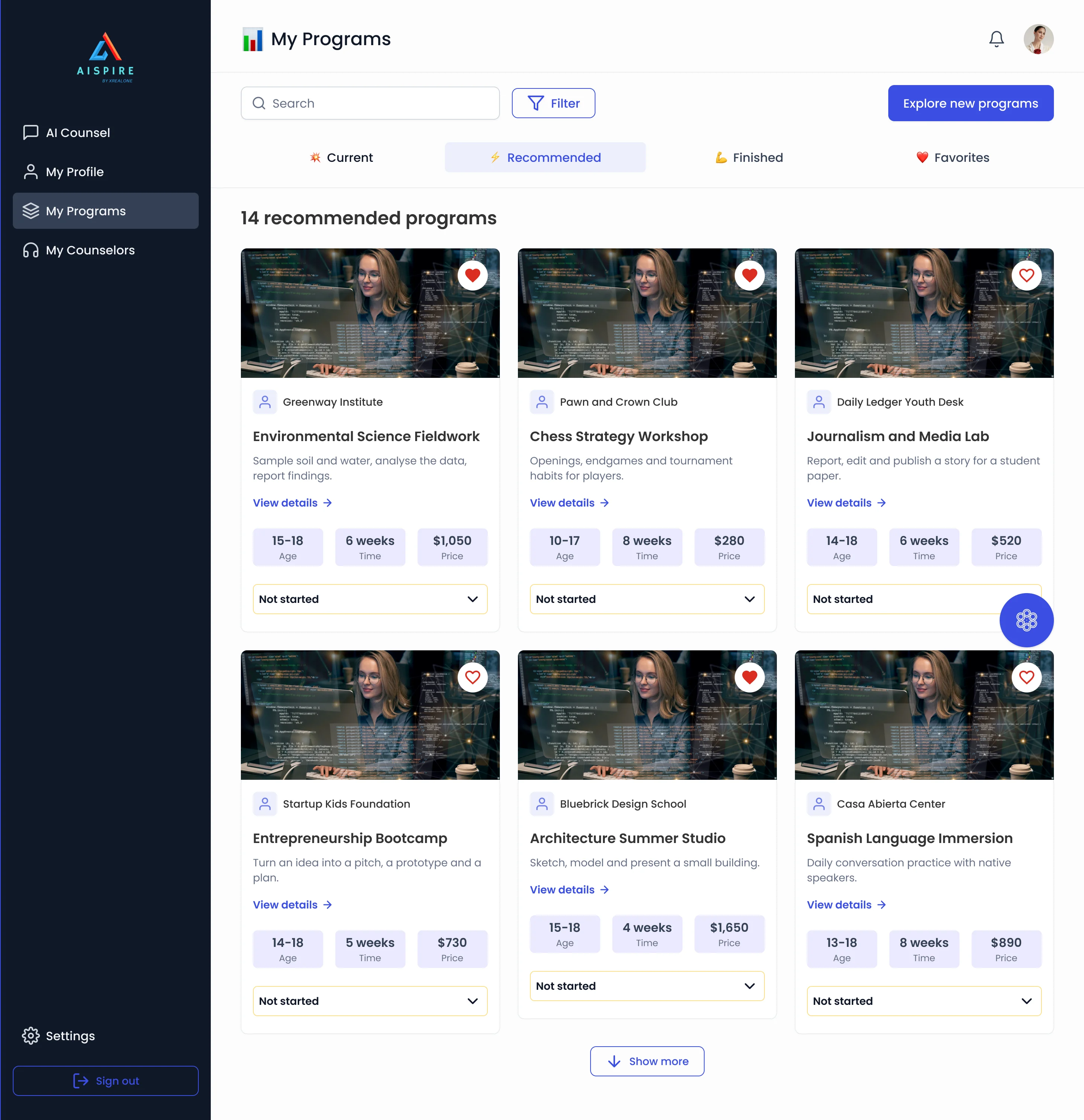 My Programs, Recommended tab: six program cards, each with a provider, a description, age, length, price and a status menu