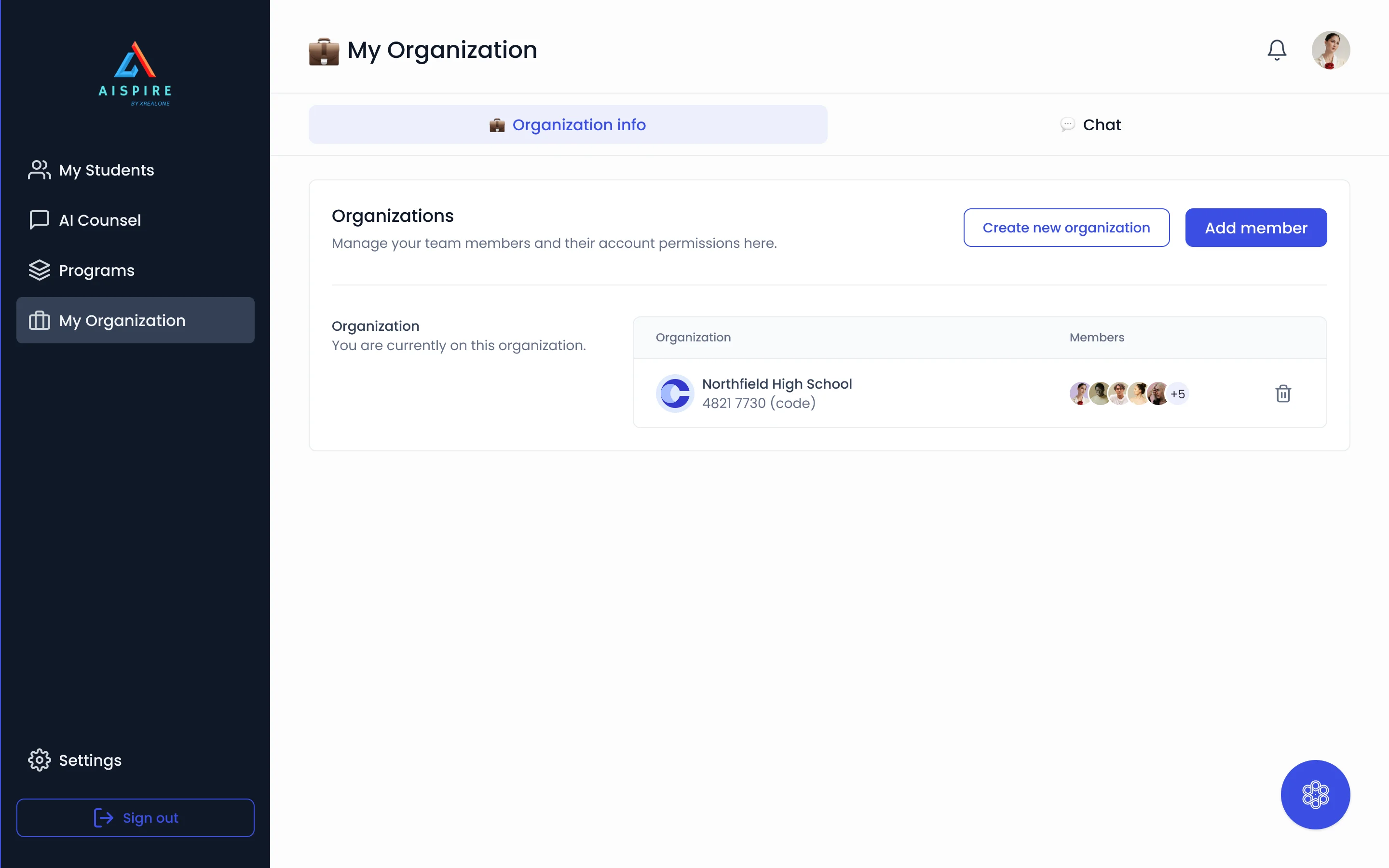My Organization: a card for the organisation with its code and member avatars, and buttons to create an organisation or add a member