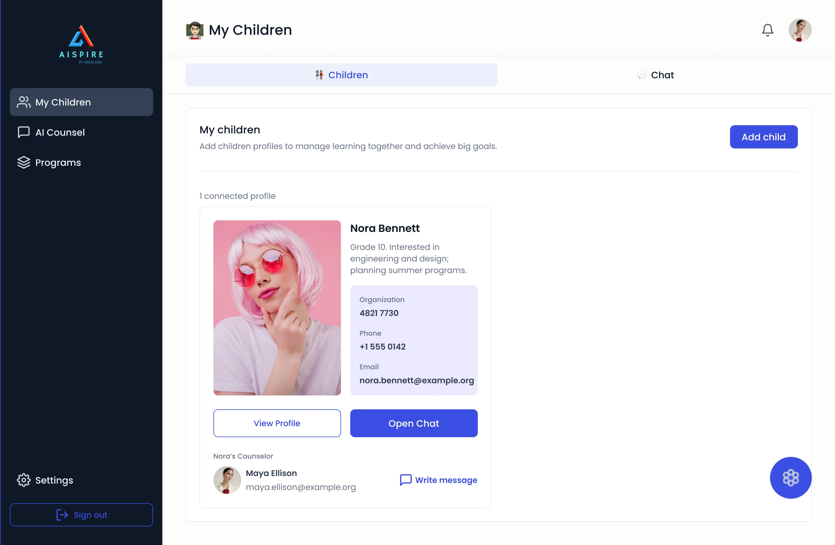 My Children: a connected profile card with the child’s details, View Profile and Open Chat, and the child’s counselor below