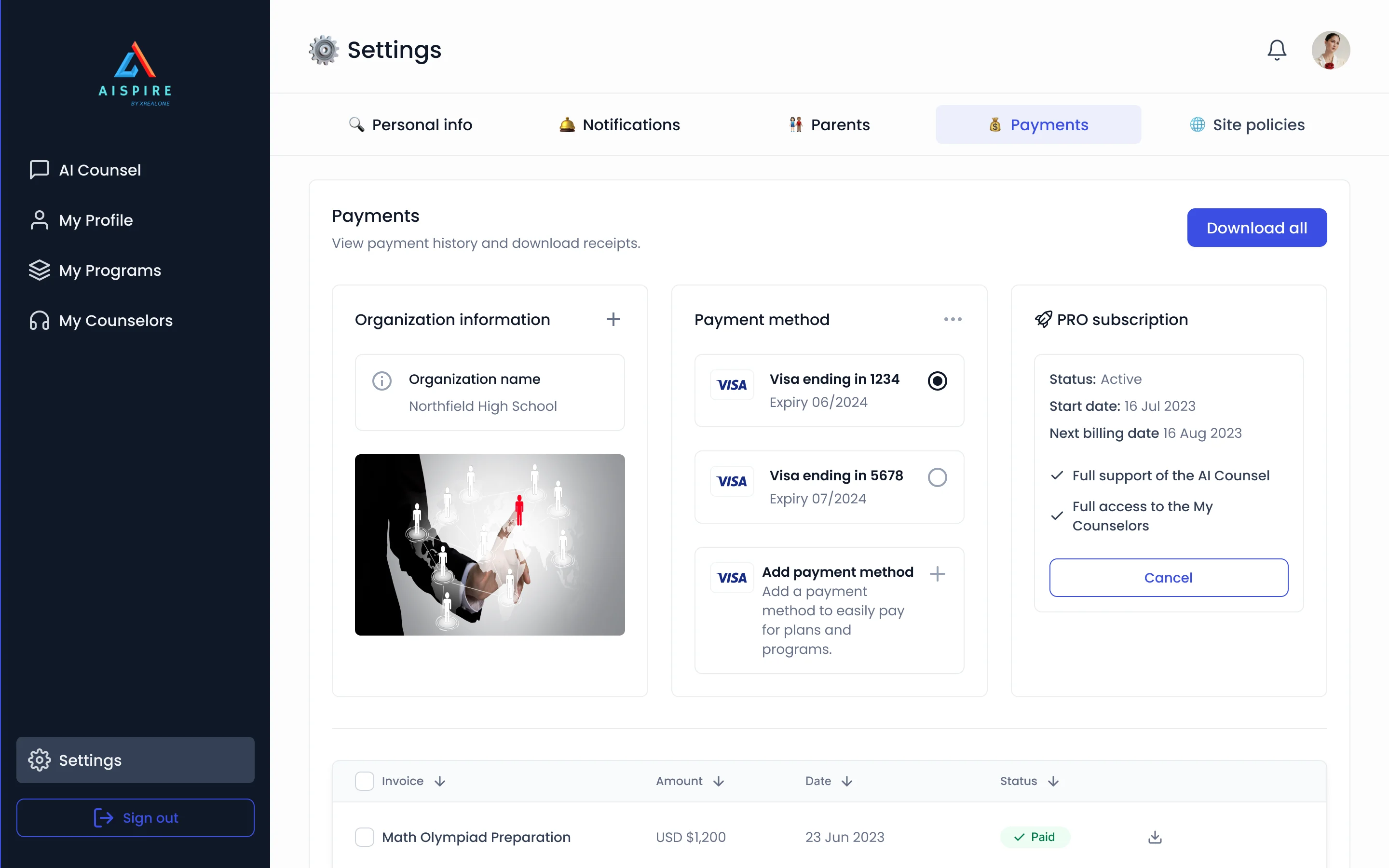 Settings, Payments tab: organisation information, a payment method list, the PRO subscription with its status and dates, and an invoice table
