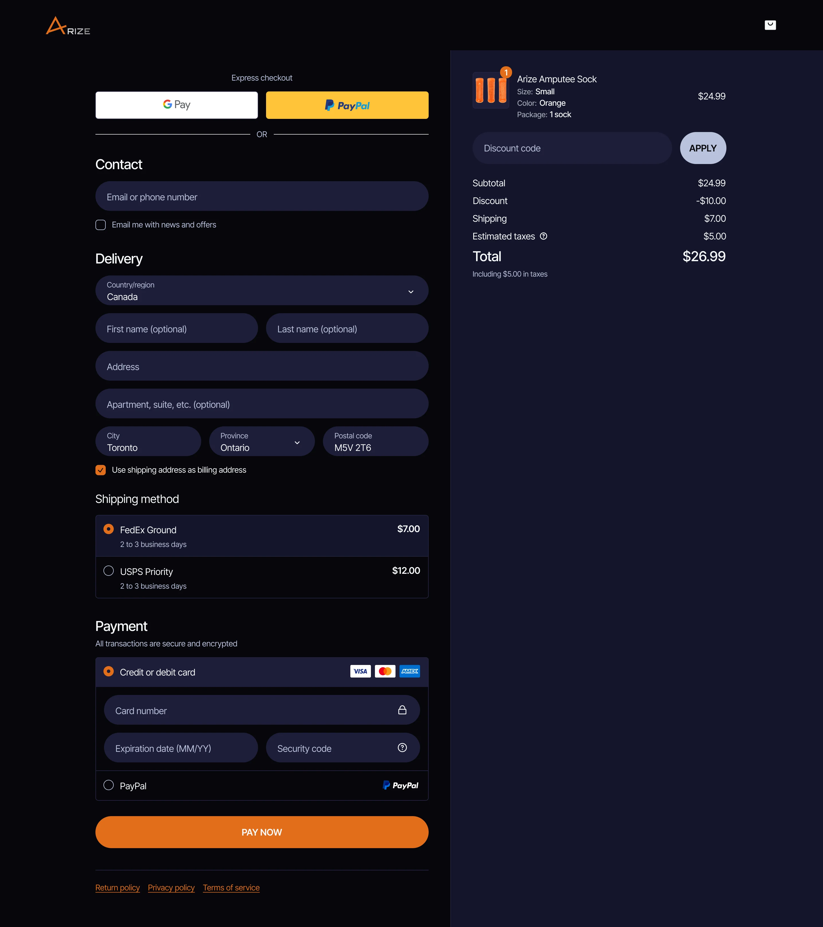 The desktop checkout: express pay, contact, delivery, shipping method and card payment on the left, the one-item order with a discount-code field on the right