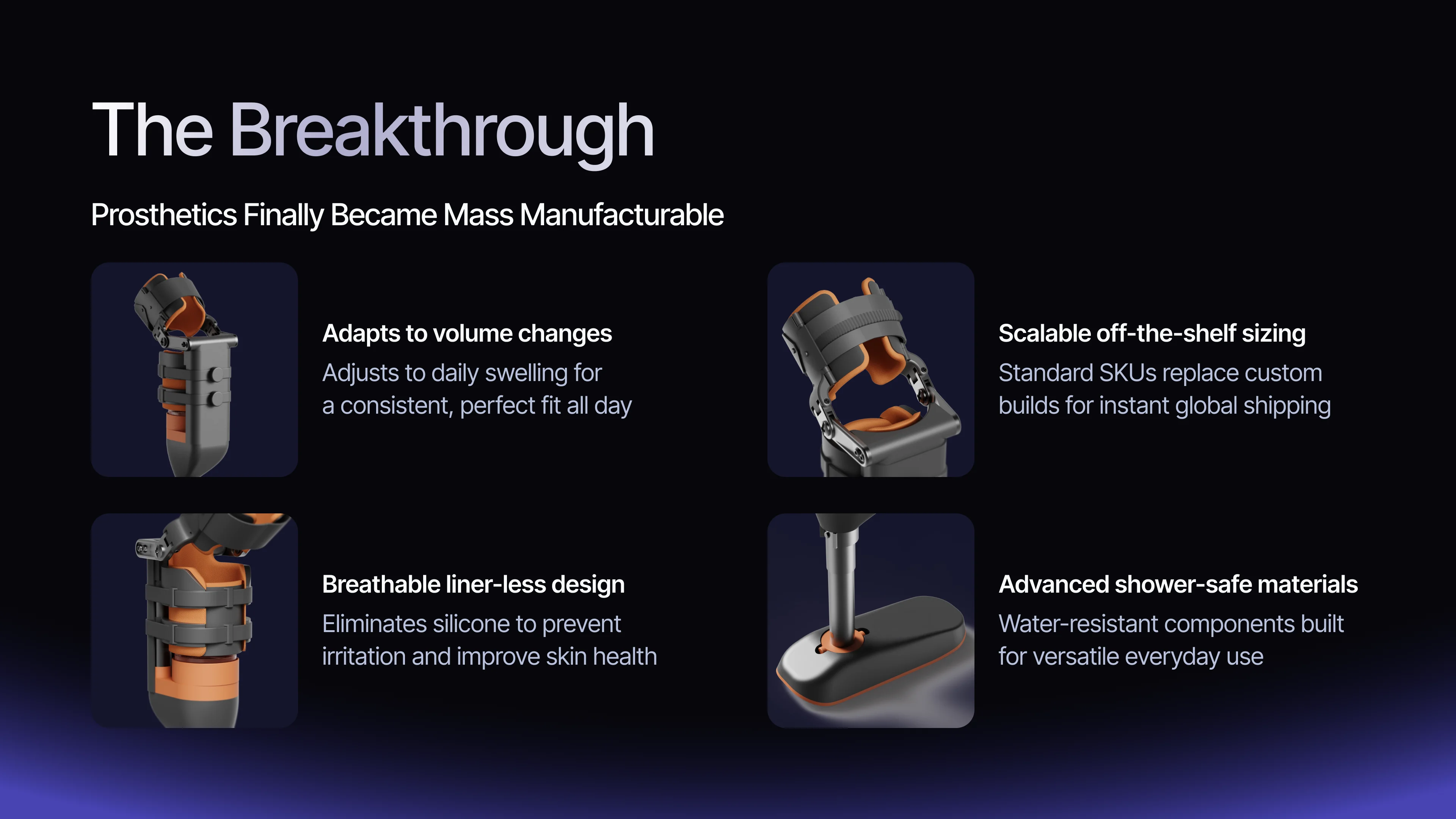 The Breakthrough: prosthetics become mass manufacturable, with volume adaptation, off-the-shelf sizing, a liner-less design and shower-safe materials