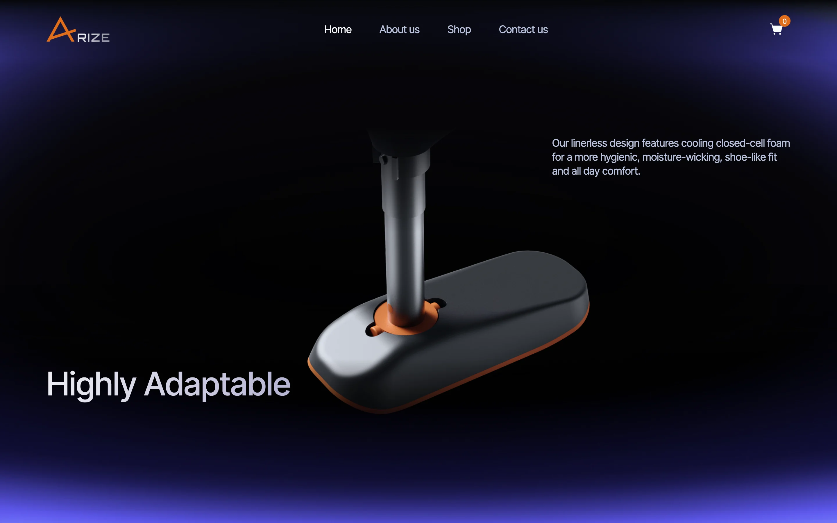 The live home page at the foot of the leg: the pylon and the foot in 3D beside Highly Adaptable