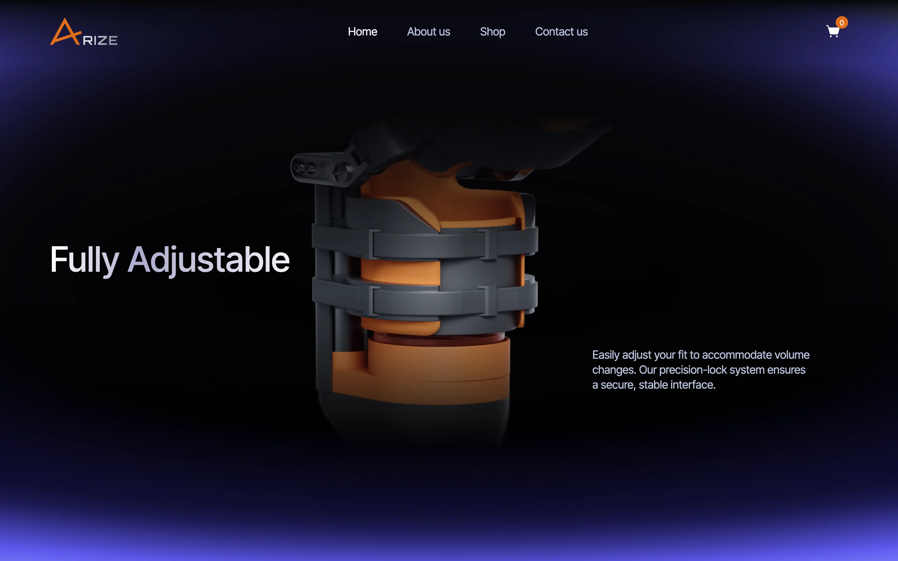 The live home page, scrolled: the leg in 3D with its straps in view beside the heading Fully Adjustable