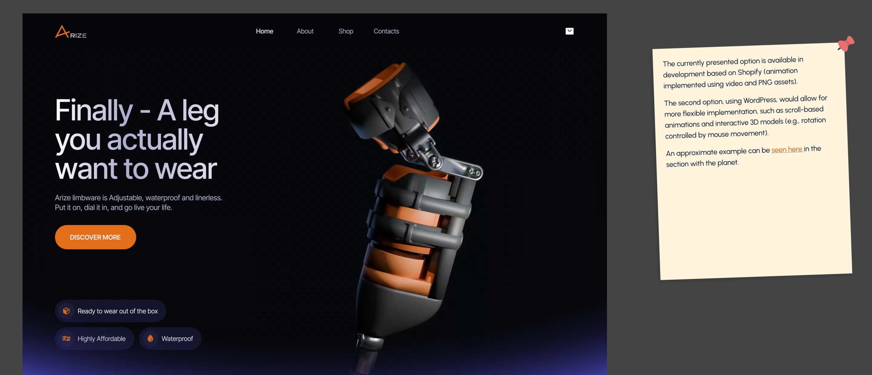 The home page hero with the prosthetic leg in 3D, beside a developer note comparing a Shopify build on video and images with a WordPress build with scroll-based animation and an interactive 3D model