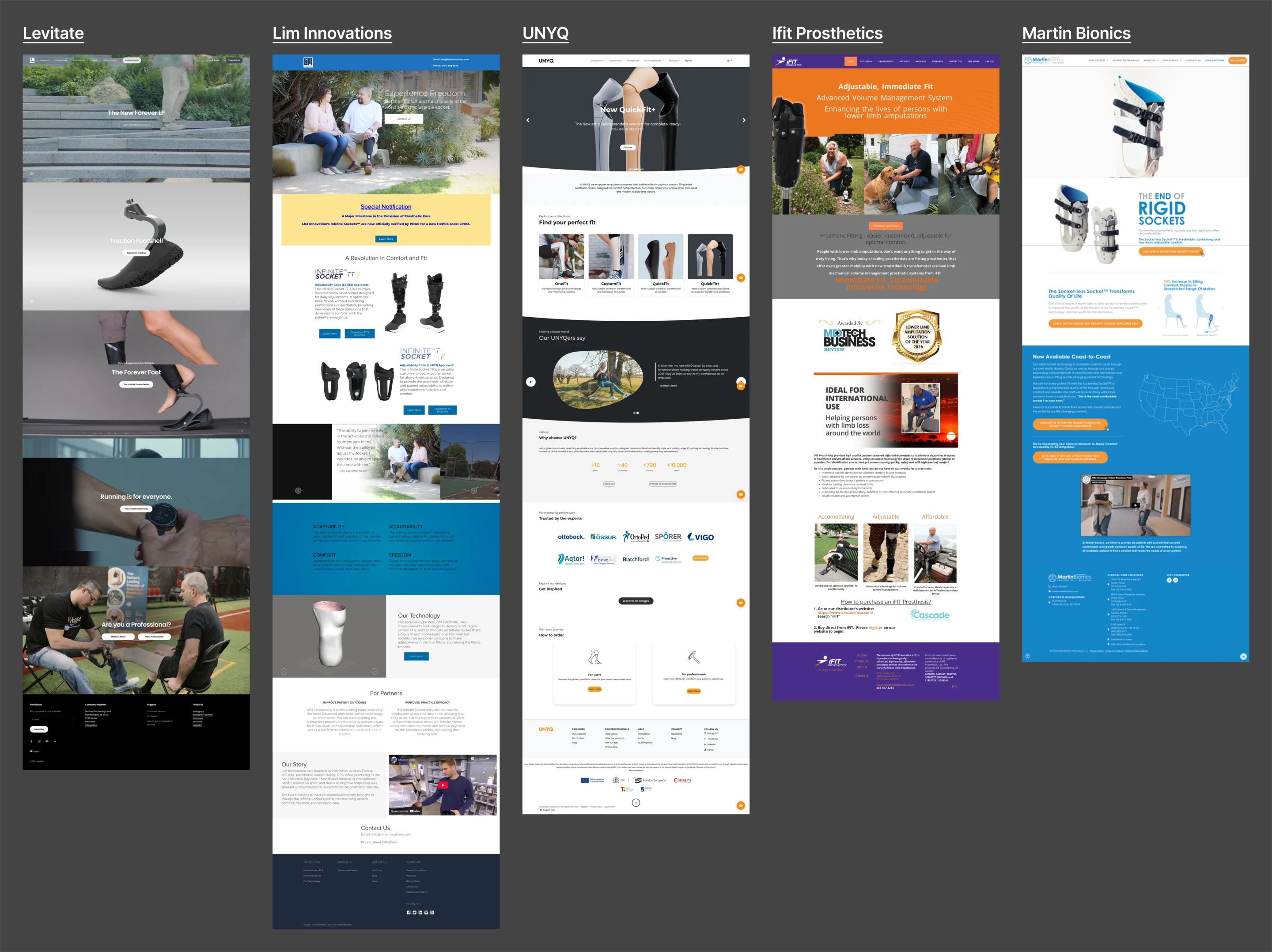 The competitor review: full-page captures of five prosthetics companies’ websites side by side