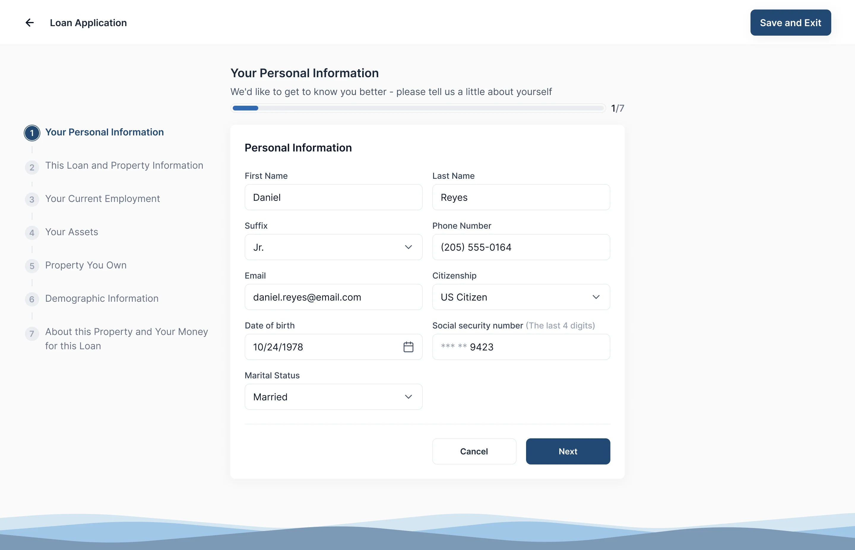 Loan application step one, Your Personal Information: name, suffix, phone, email, citizenship, date of birth, the last four digits of the Social Security number and marital status, with the seven steps listed on the left