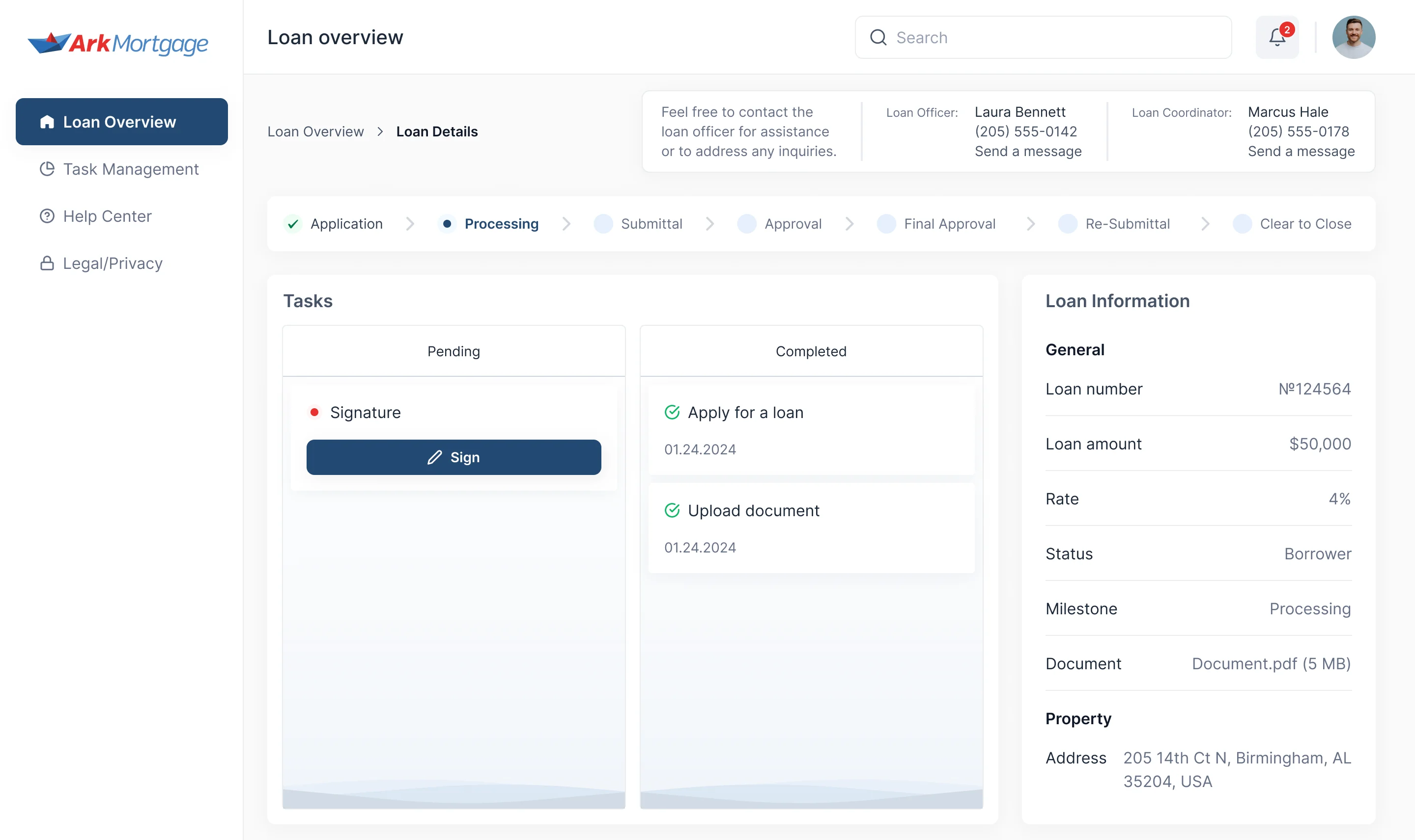 Loan Details for loan №124564: the loan officer and coordinator, the stages from Application to Clear to Close with Processing current, a pending Signature task with Sign, completed tasks, and the loan information with amount, rate, status, milestone, document and property address