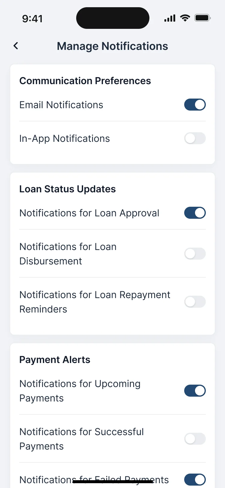 Manage Notifications on a phone: email and in-app switches, then loan status updates and payment alerts, each with its own switch