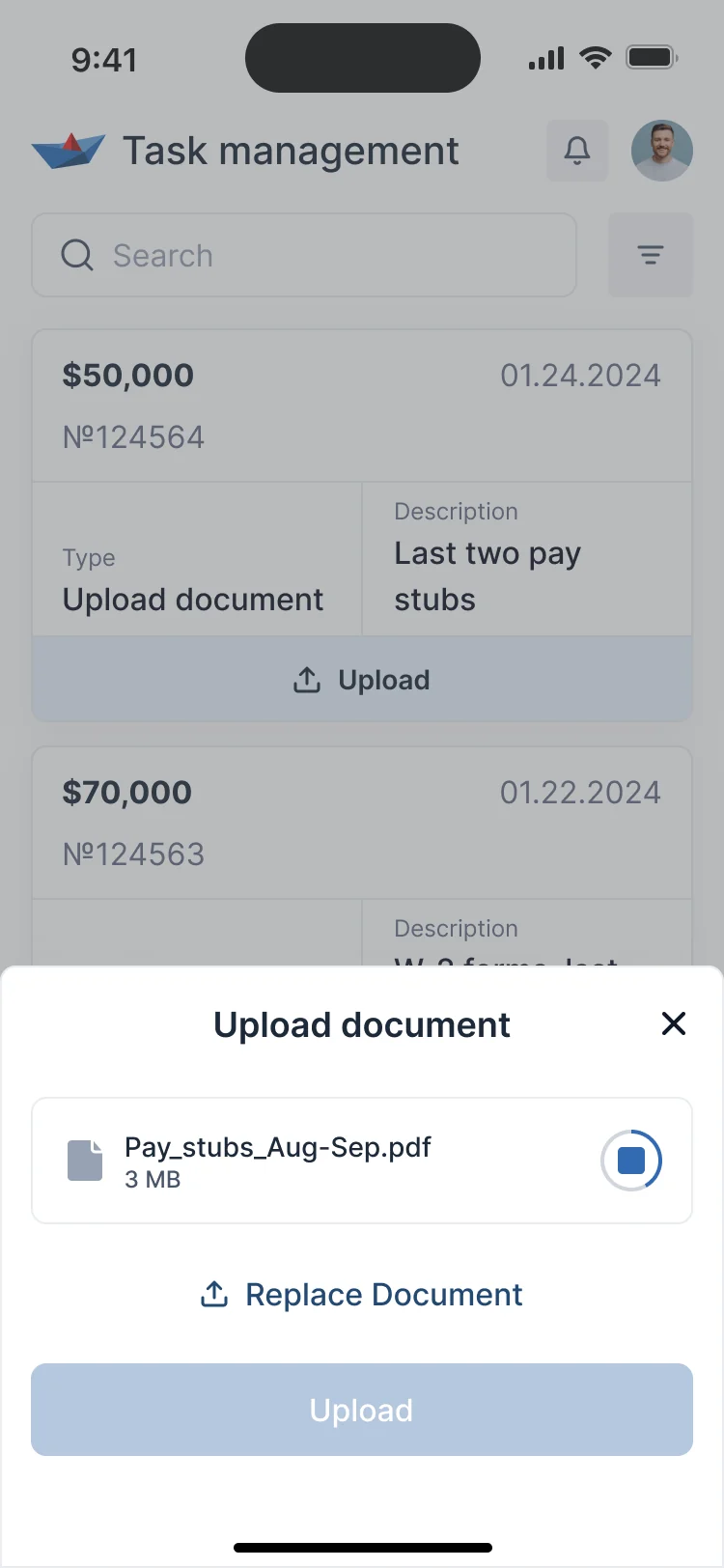 Upload document sheet on a phone: a pay stubs PDF uploading, Replace Document and Upload