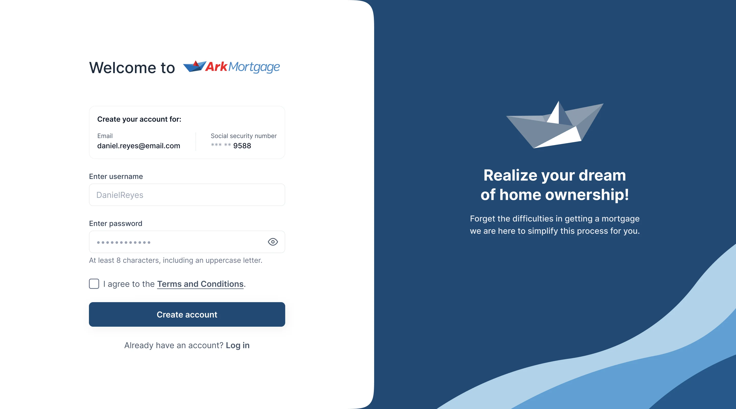 Welcome to Ark Mortgage on the web: create your account for the invited email and Social Security digits, username, password, terms and Create account, beside a blue panel reading Realize your dream of home ownership
