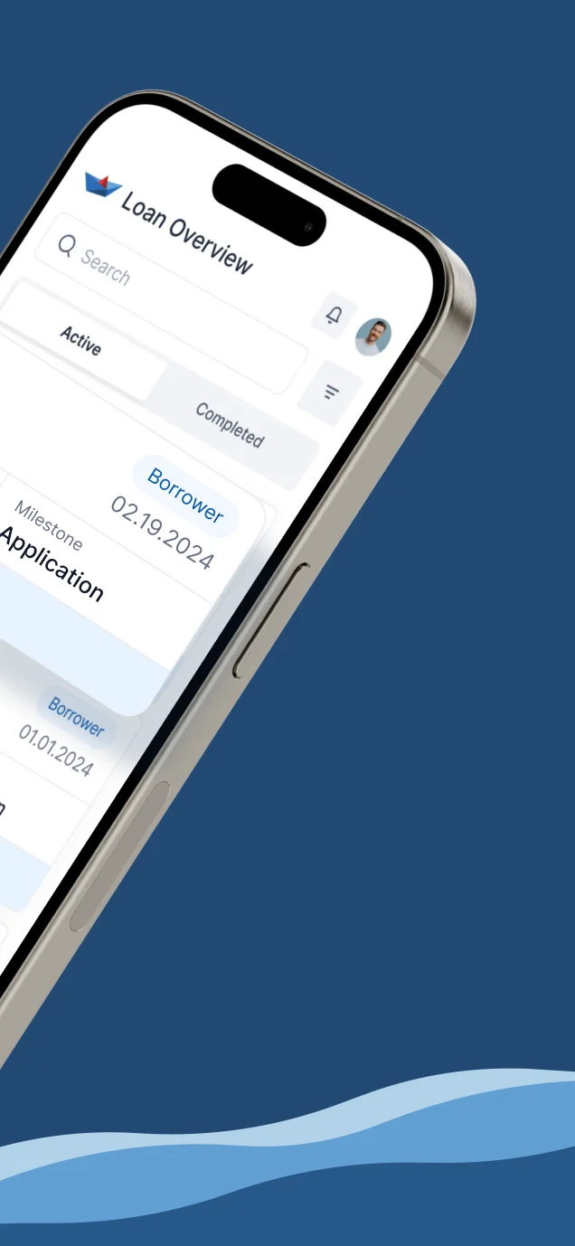 App Store screenshot continuing the tilted phone with the loan overview: active loans, their tasks, milestones and Apply Loan