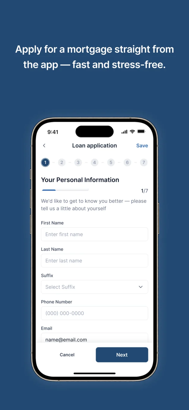 App Store screenshot: Apply for a mortgage straight from the app, with a phone showing step one of seven, Your Personal Information