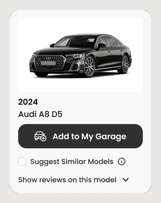 Result card for the 2024 Audi A8 D5 with Add to My Garage and Suggest Similar Models unchecked