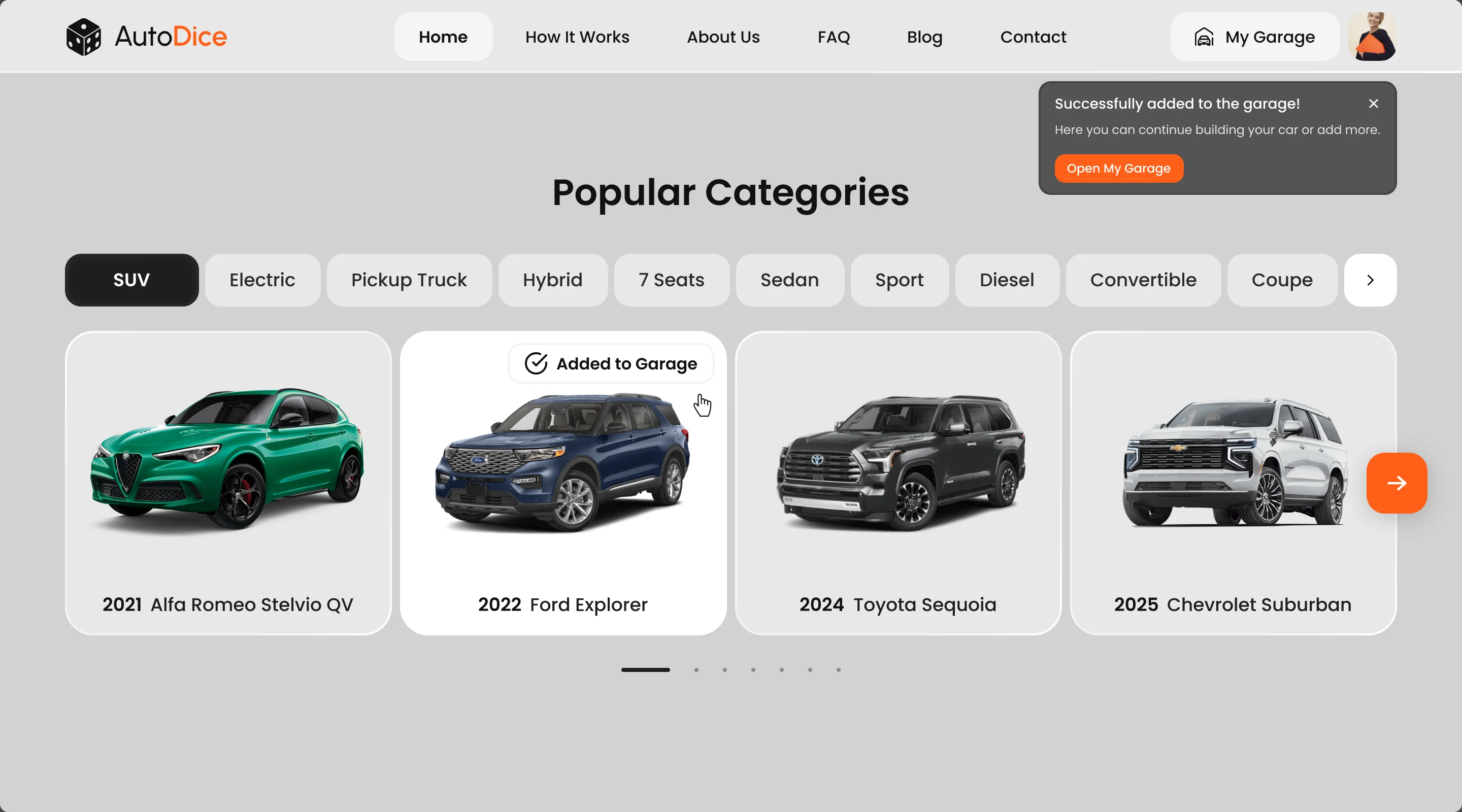 Popular Categories on SUV: four cars, the 2022 Ford Explorer marked Added to Garage, and a message Successfully added to the garage with Open My Garage
