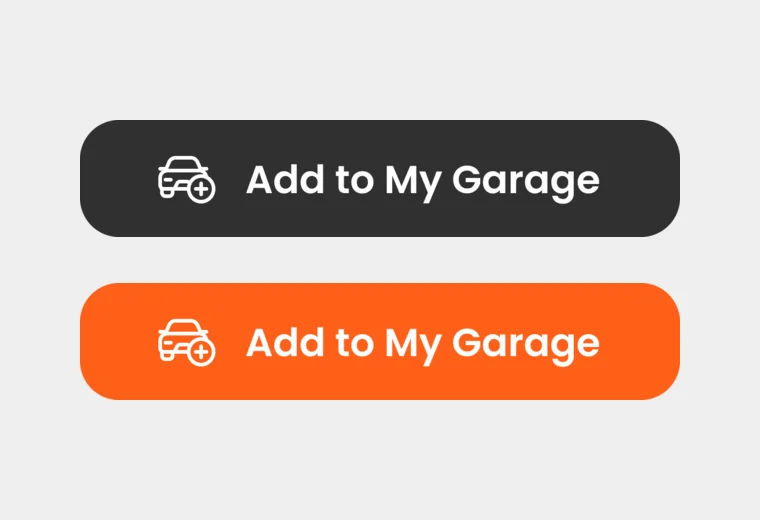 The Add to My Garage button twice: dark with a car-and-plus icon, and orange in its focused state